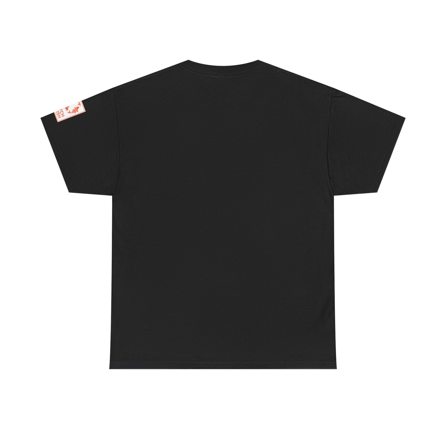 Back view of black t-shirt with Catch a Fish Logo on the left sleeve.