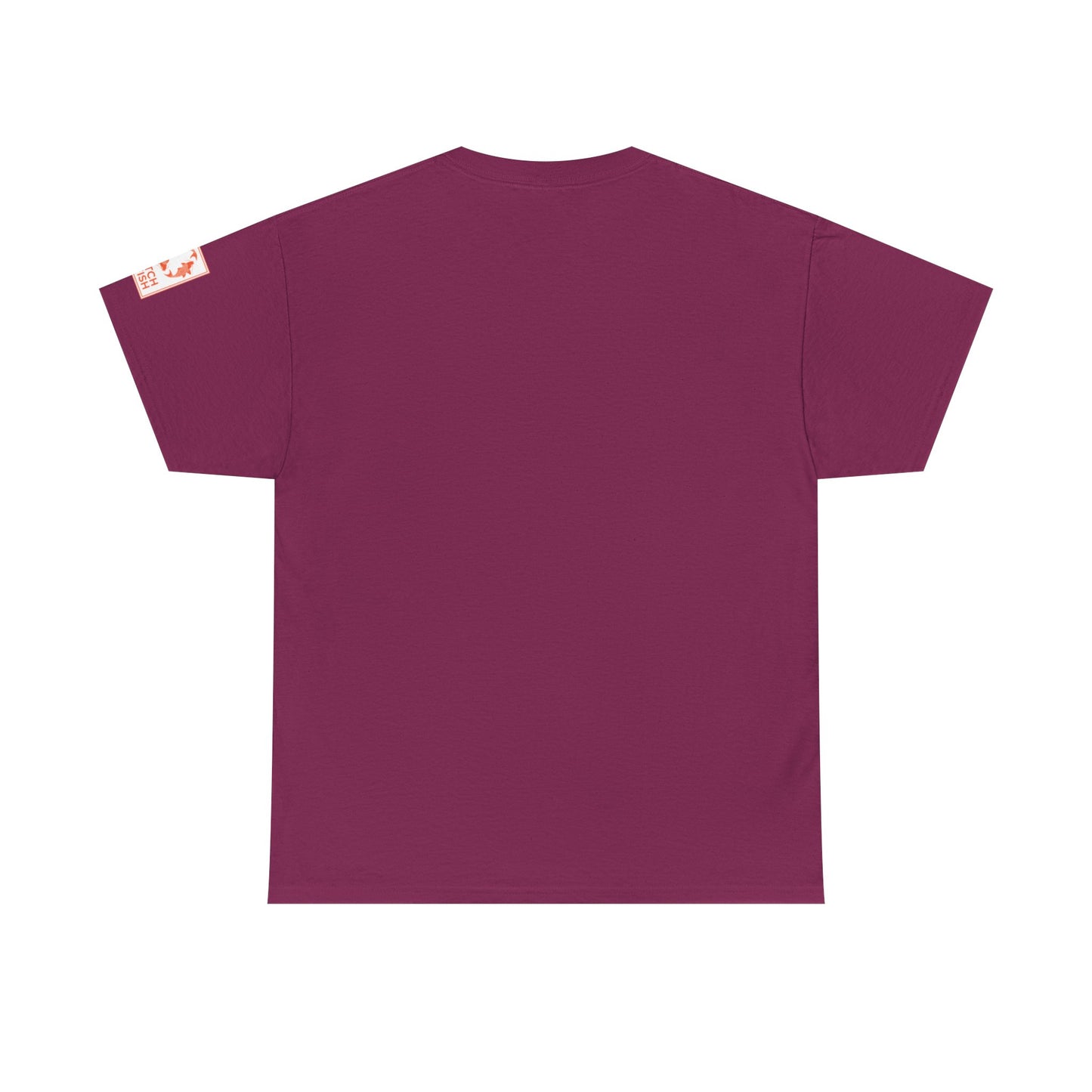 Back view of maroon t-shirt with Catch a Fish Logo on the left sleeve.
