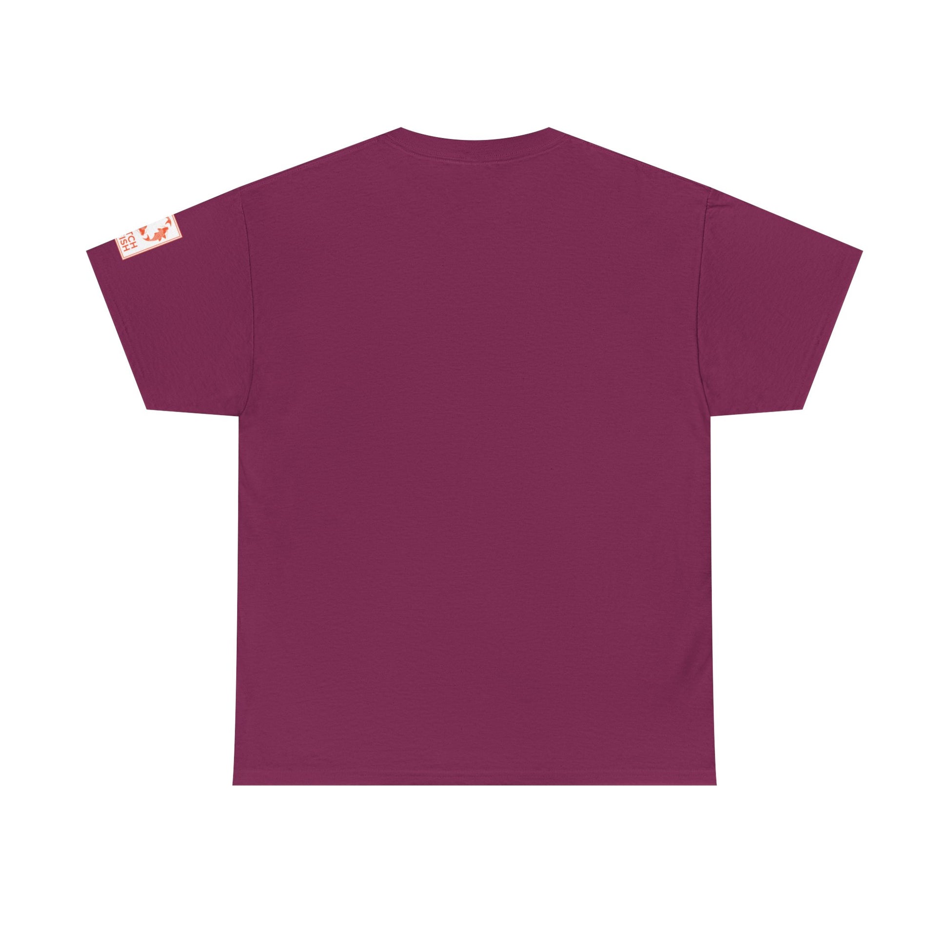Back view of maroon t-shirt with Catch a Fish Logo on the left sleeve.