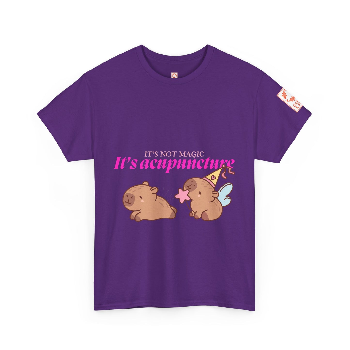 Bright purple t-shirt with capybaras and text: It's Not Magic, It's Acupuncture