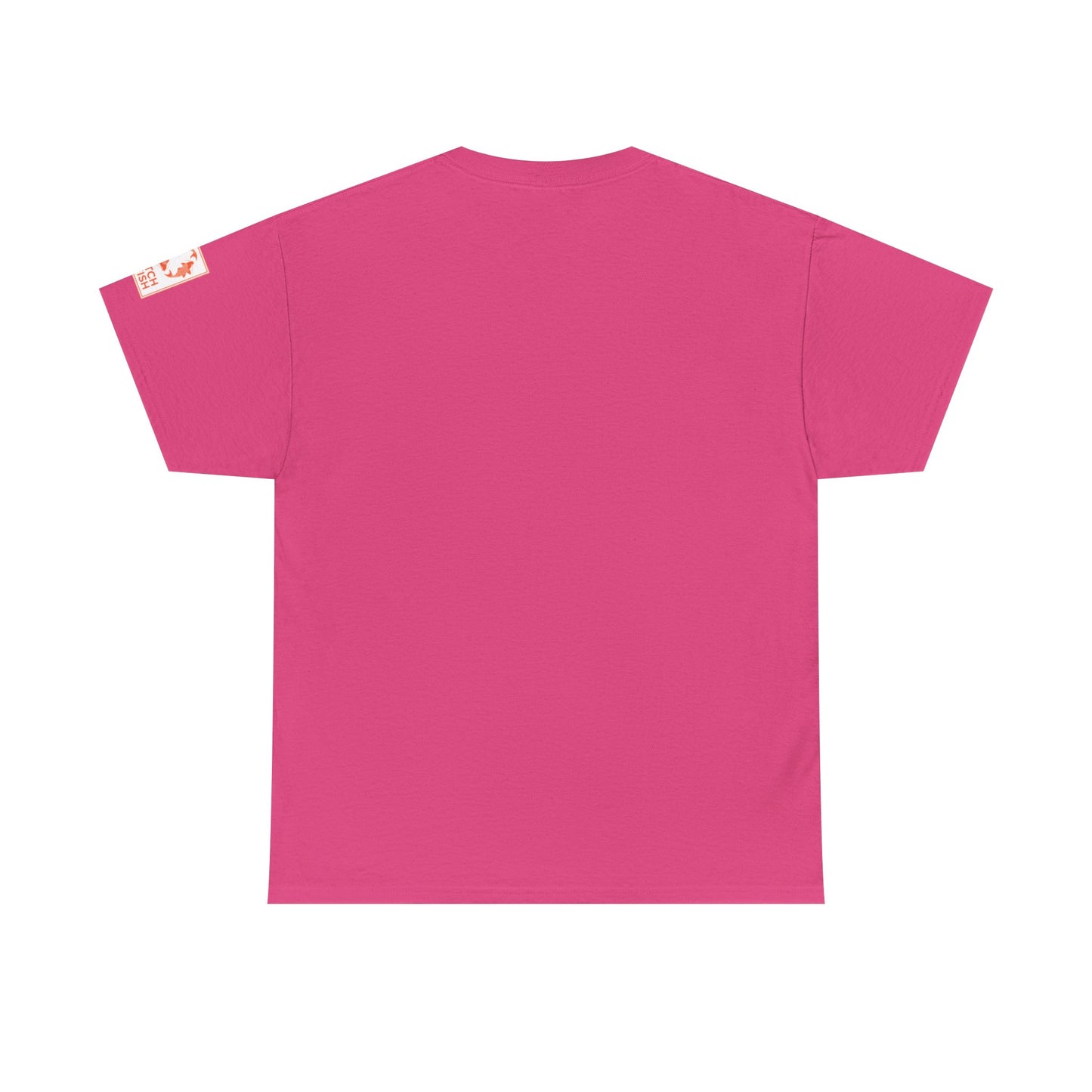 Back view of bright pink t-shirt with Catch a Fish Logo on the left sleeve.