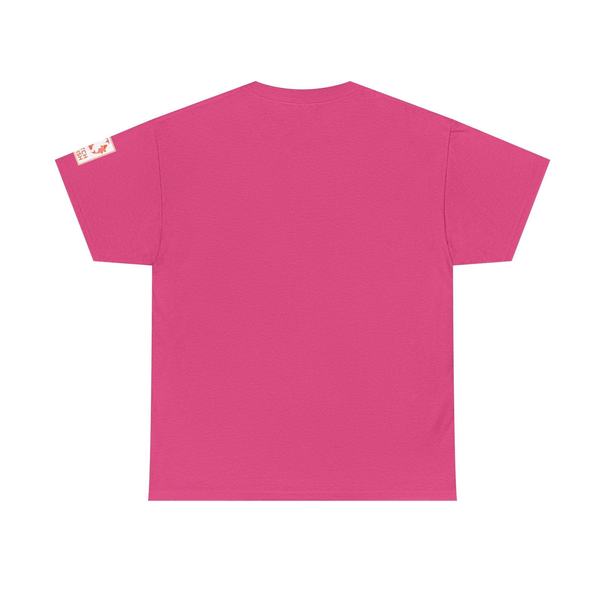 Back view of bright pink t-shirt with Catch a Fish Logo on the left sleeve.