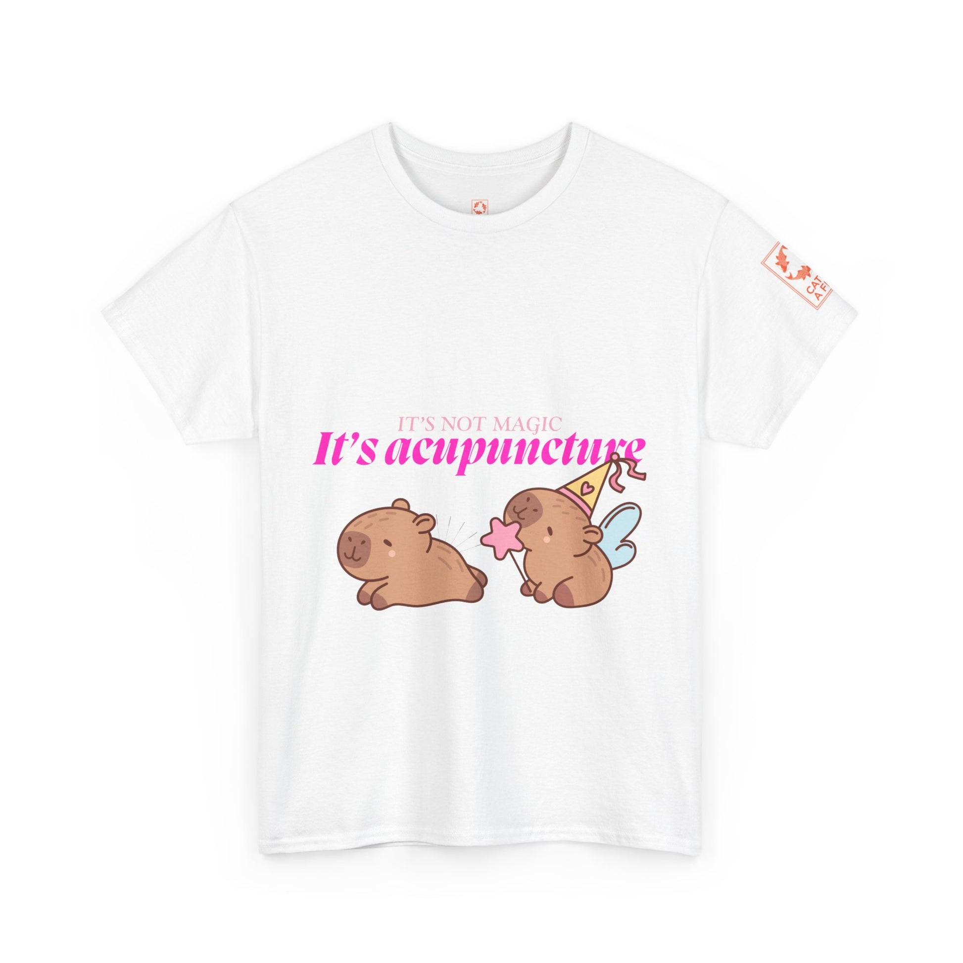 White t-shirt with capybaras and text: It's Not Magic, It's Acupuncture