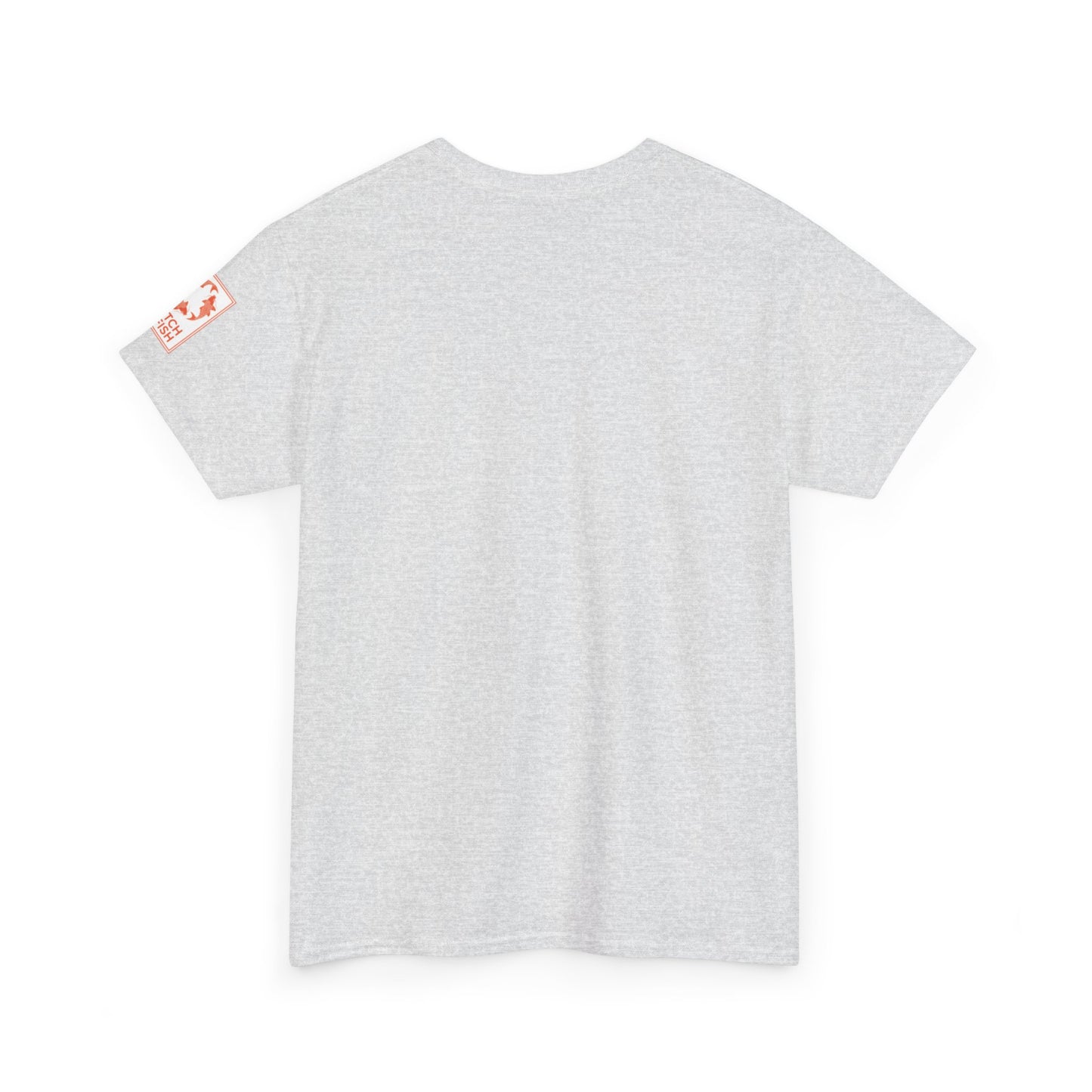 Back view of heather gray t-shirt with Catch a Fish Logo on the left sleeve.
