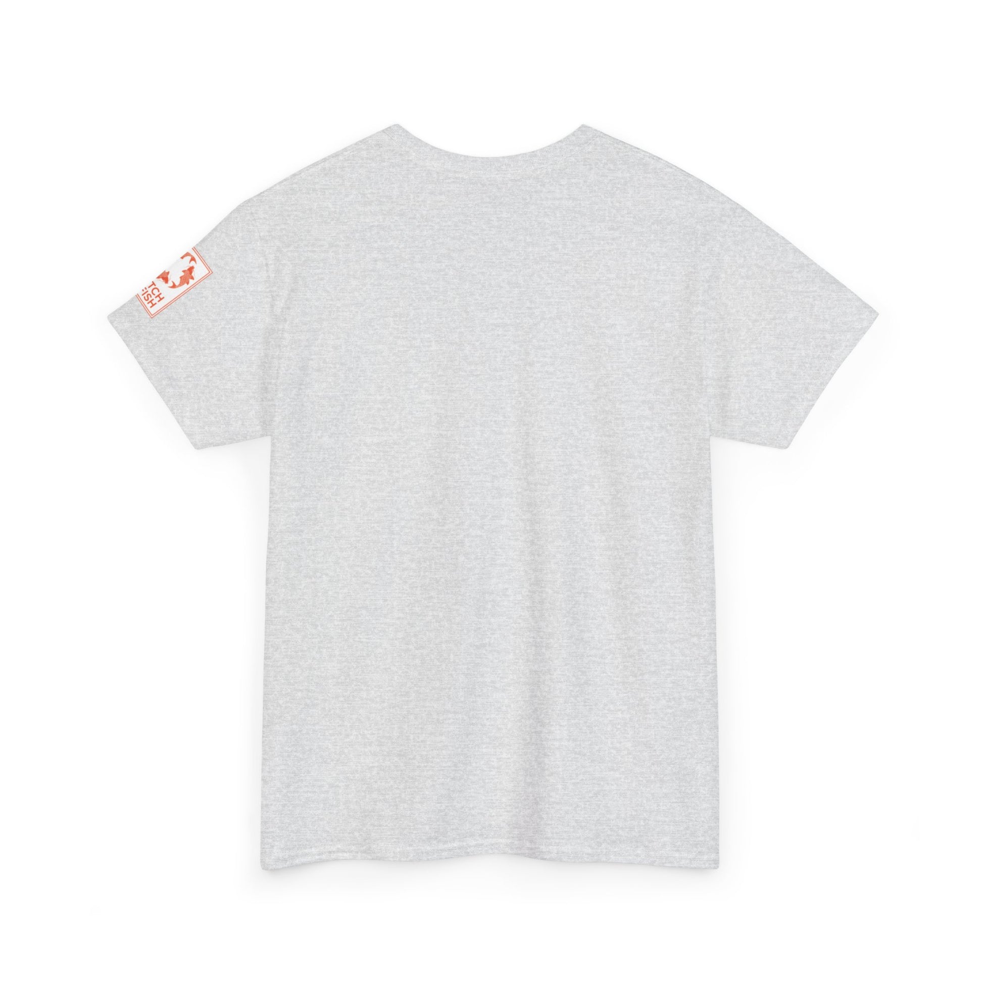 Back view of heather gray t-shirt with Catch a Fish Logo on the left sleeve.