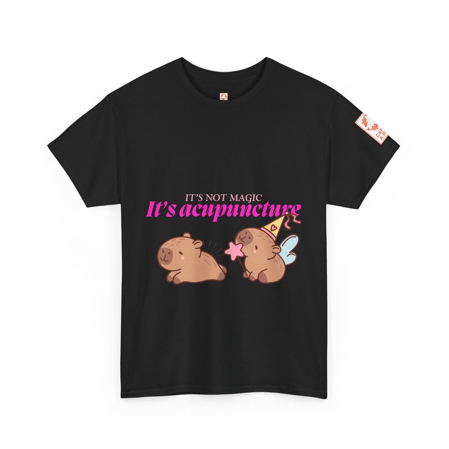 Black t-shirt with capybaras and text: It's Not Magic, It's Acupuncture