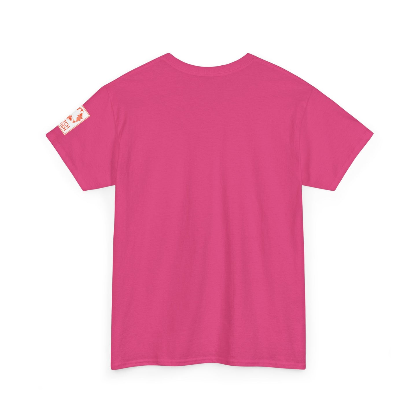 Back view of bright pink t-shirt with Catch a Fish Logo on the left sleeve.