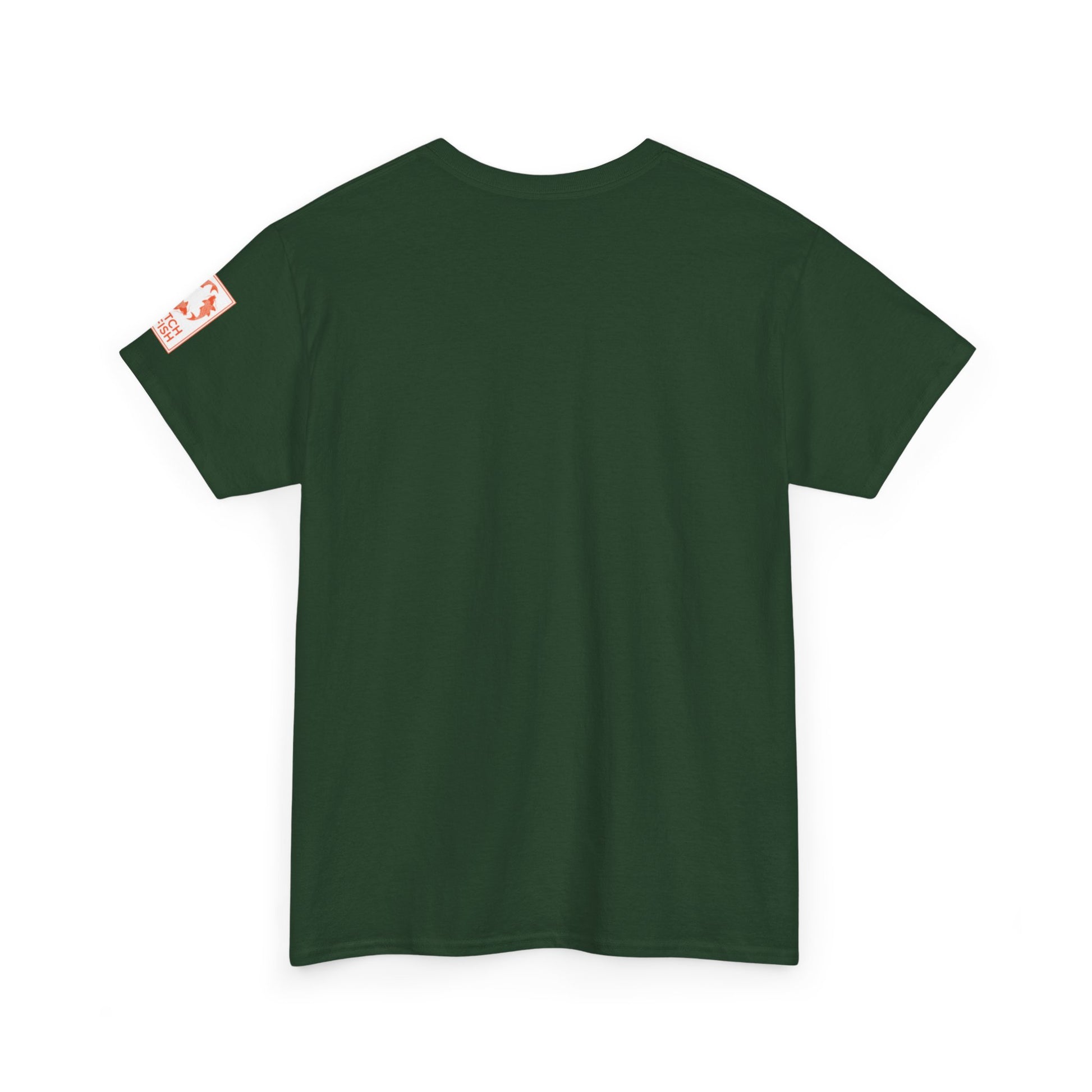 Back view of green t-shirt with Catch a Fish Logo on the left sleeve.