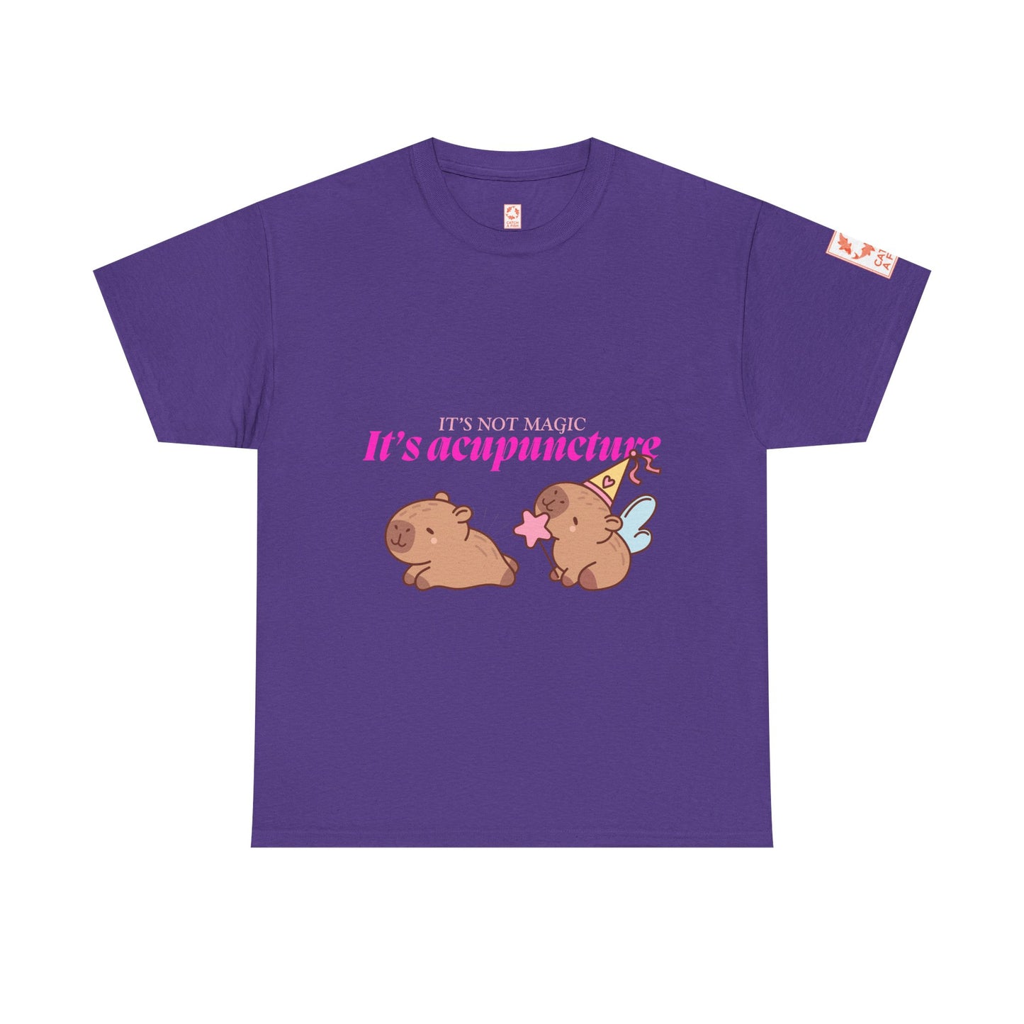 Purple t-shirt with capybaras and text: It's Not Magic, It's Acupuncture