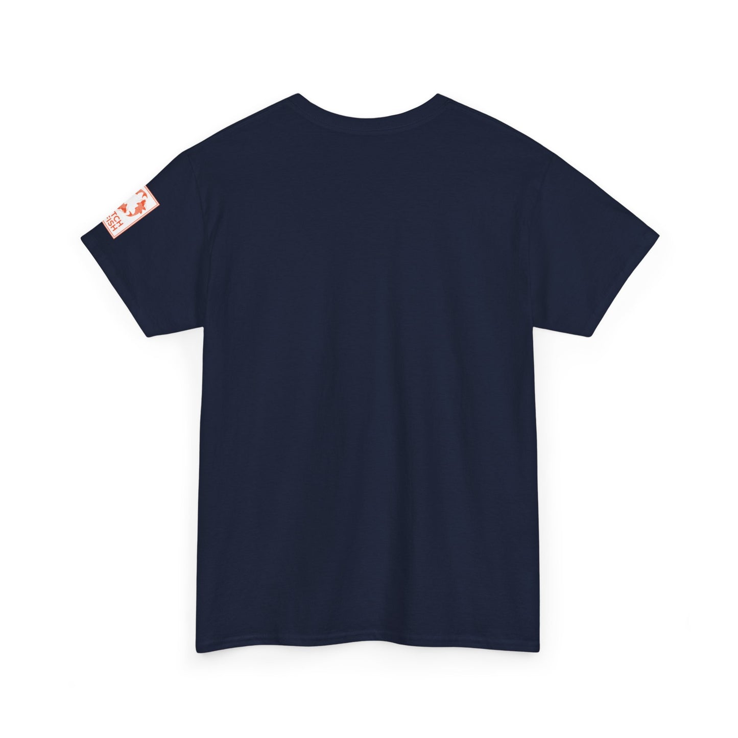 Back view of dark blue t-shirt with Catch a Fish Logo on the left sleeve.