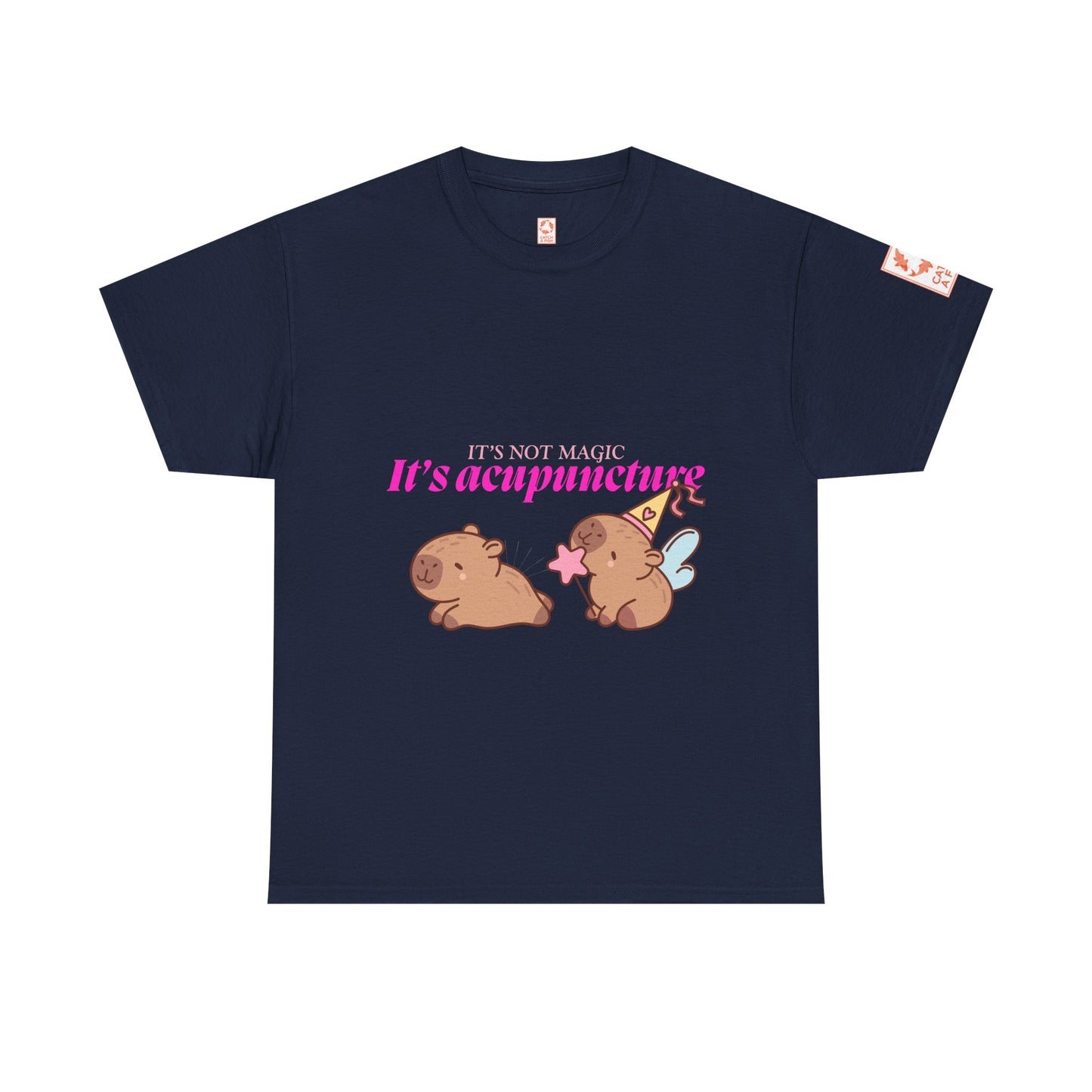 Navy t-shirt with capybaras and text: It's Not Magic, It's Acupuncture