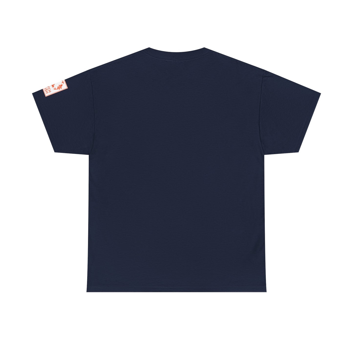 Back view of dark blue t-shirt with Catch a Fish Logo on the left sleeve.