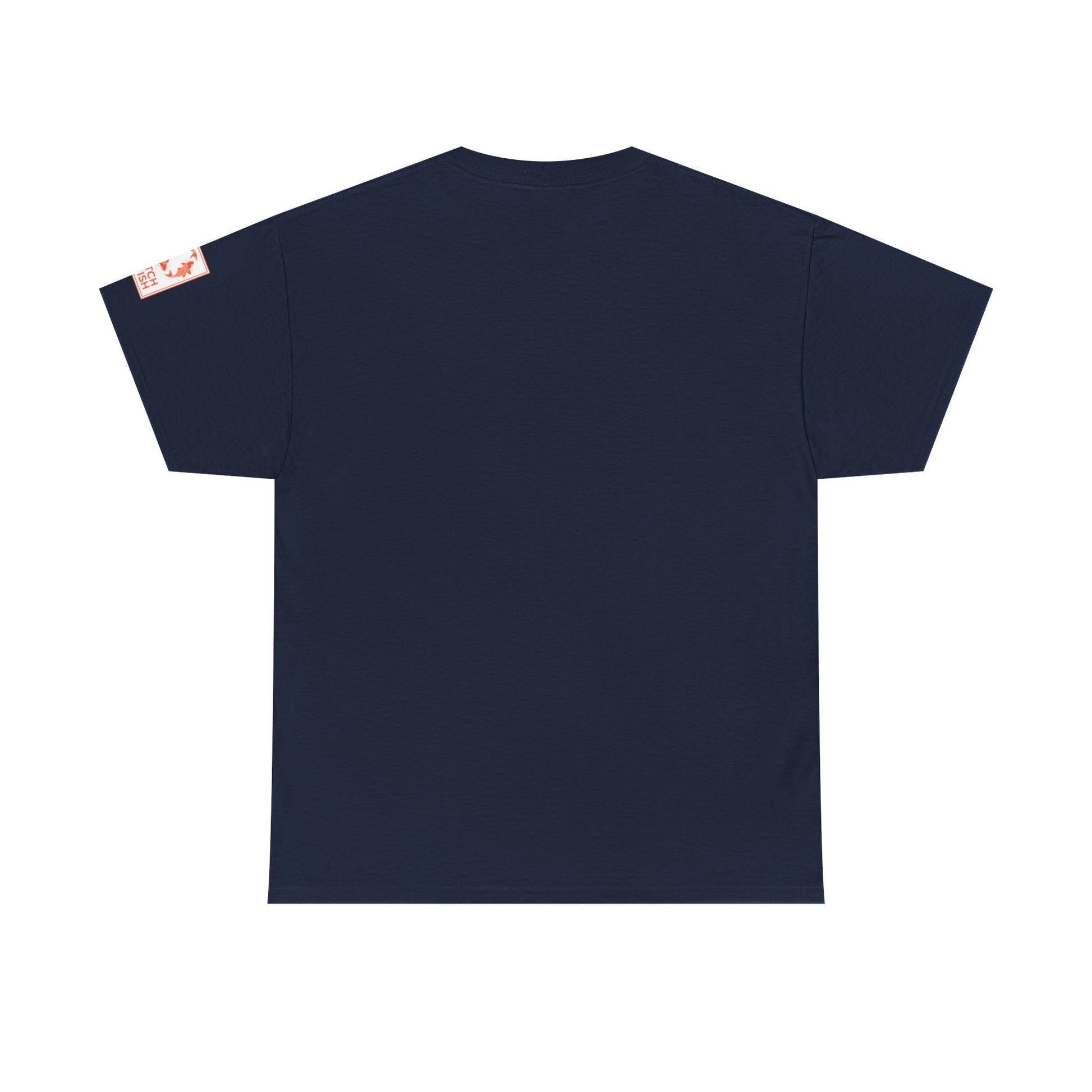 Back view of dark blue t-shirt with Catch a Fish Logo on the left sleeve.
