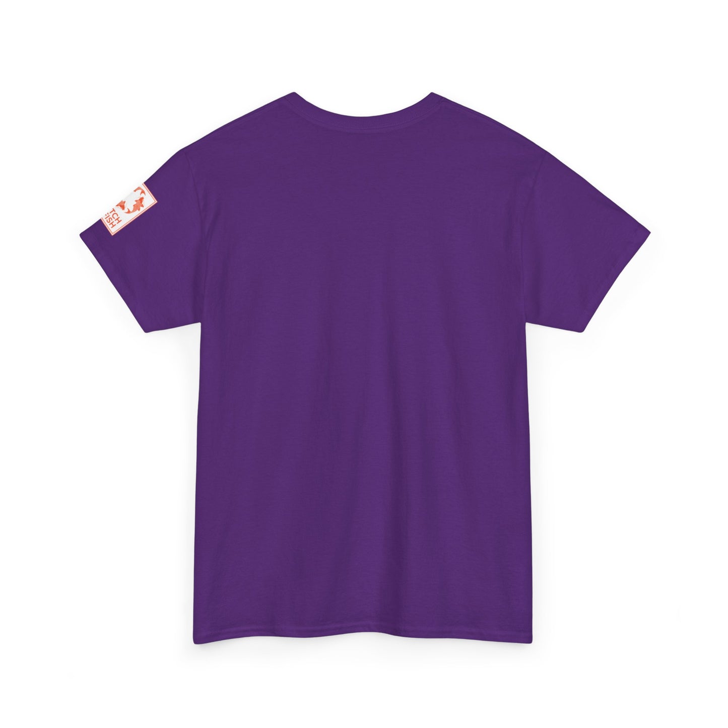 Back view of bright purple t-shirt with Catch a Fish Logo on the left sleeve.