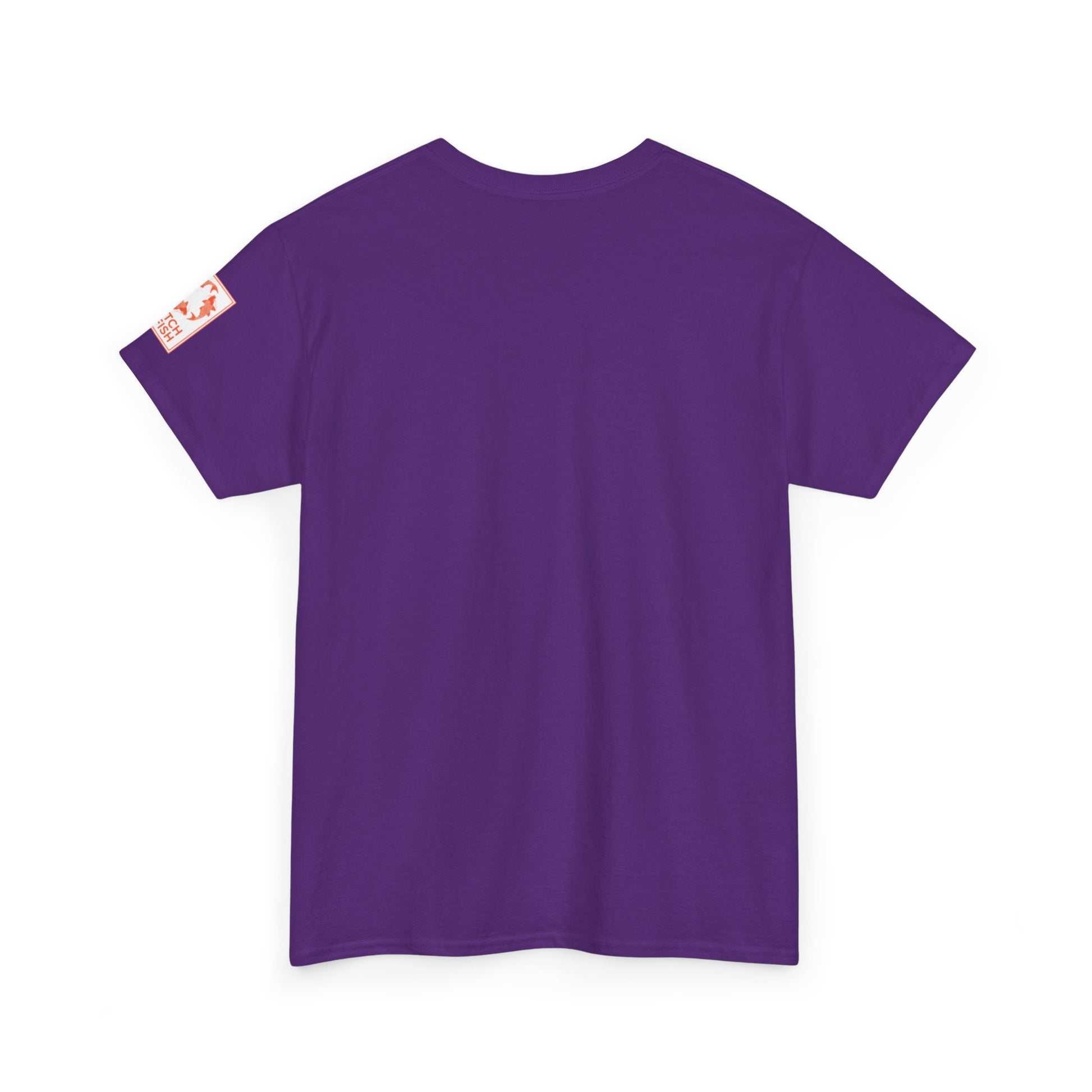 Back view of bright purple t-shirt with Catch a Fish Logo on the left sleeve.
