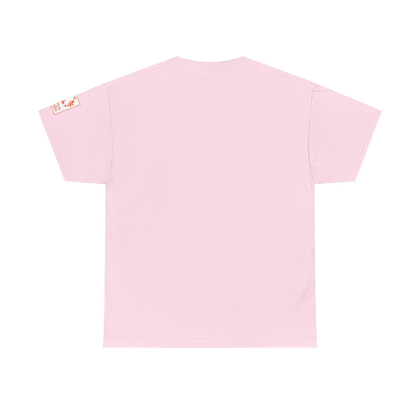 Back view of light pink t-shirt with Catch a Fish Logo on the left sleeve.