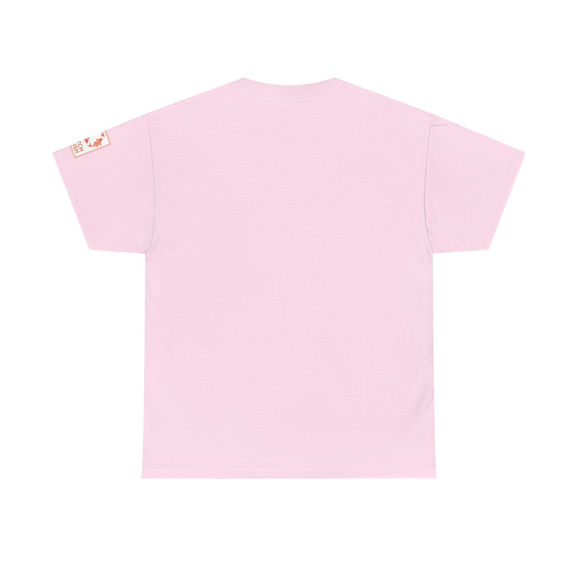 Back view of light pink t-shirt with Catch a Fish Logo on the left sleeve.