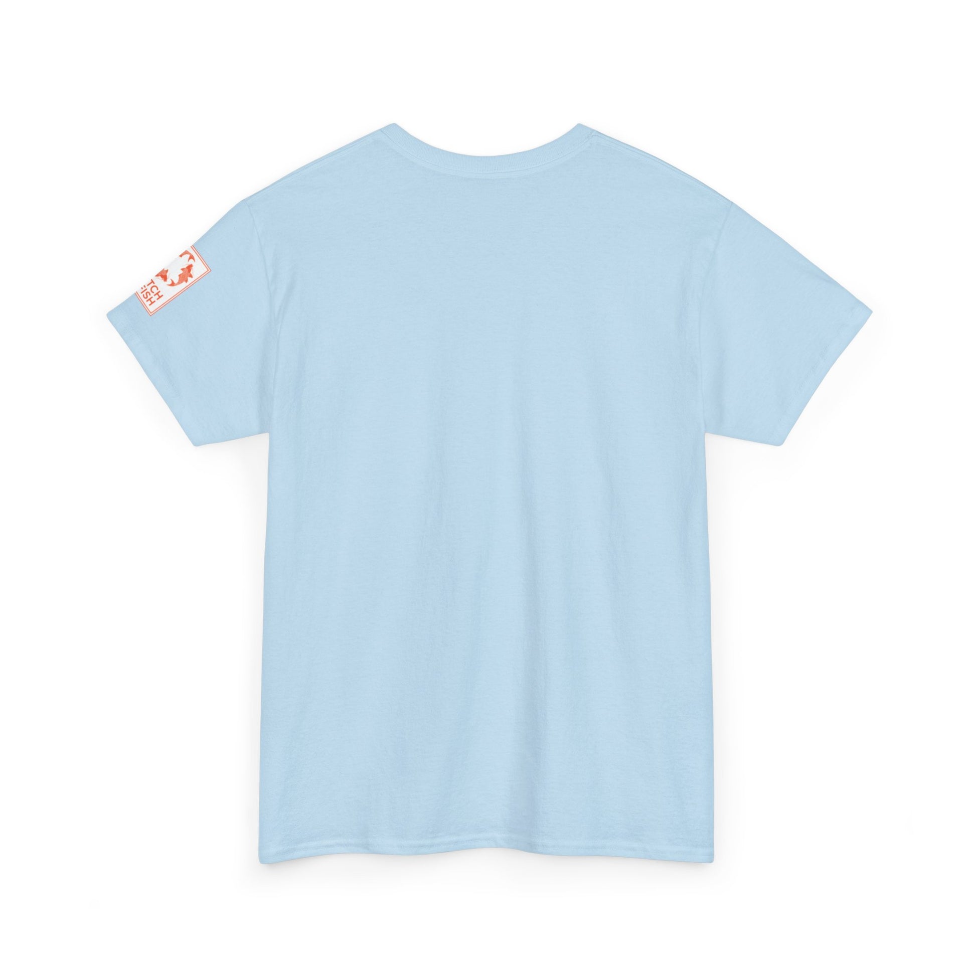 Back view of light blue t-shirt with Catch a Fish Logo on the left sleeve.