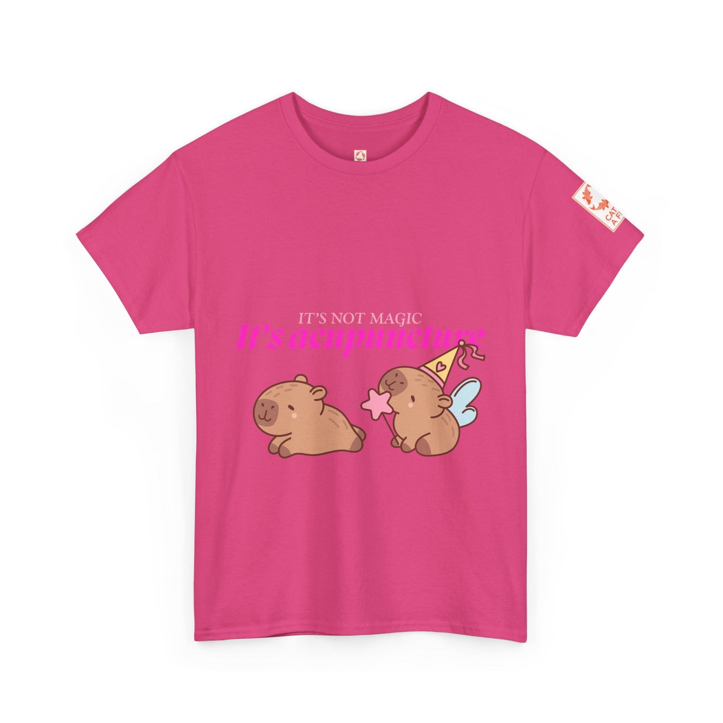 Bright pink t-shirt with capybaras and text: It's Not Magic, It's Acupuncture