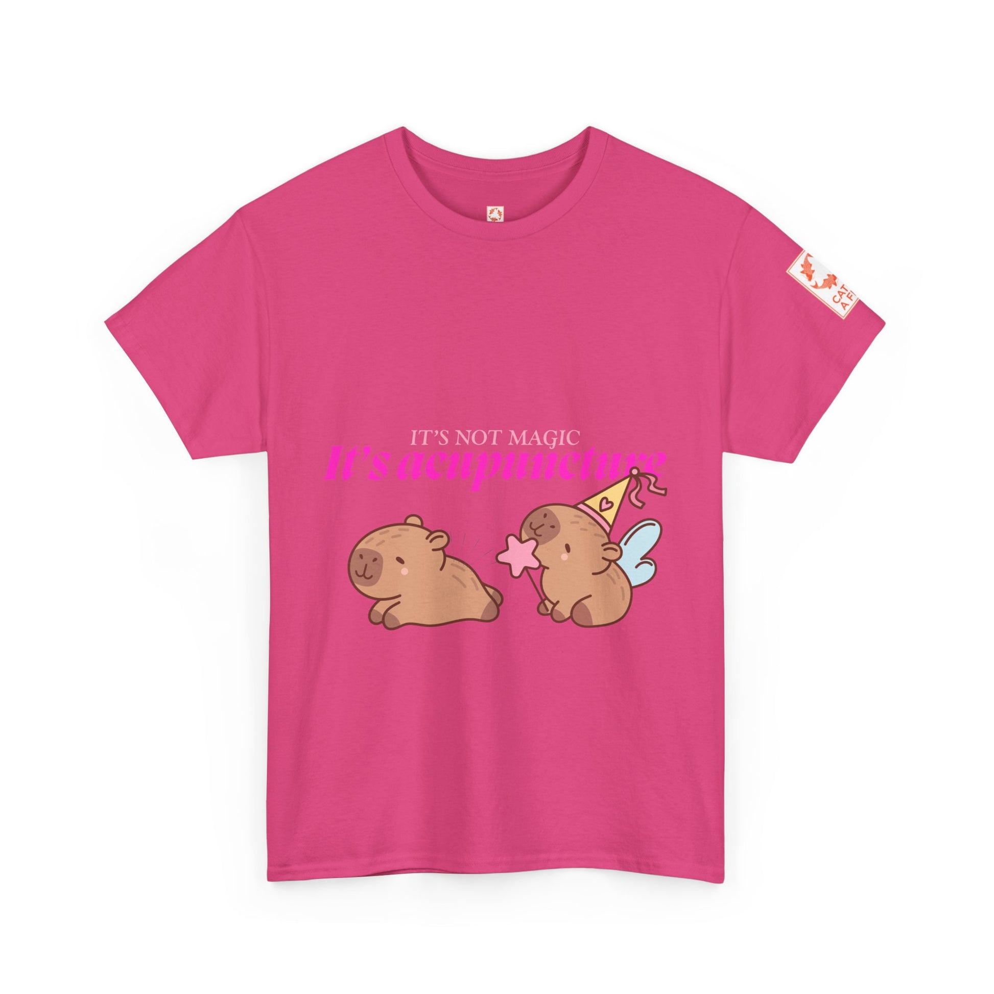 Bright pink t-shirt with capybaras and text: It's Not Magic, It's Acupuncture