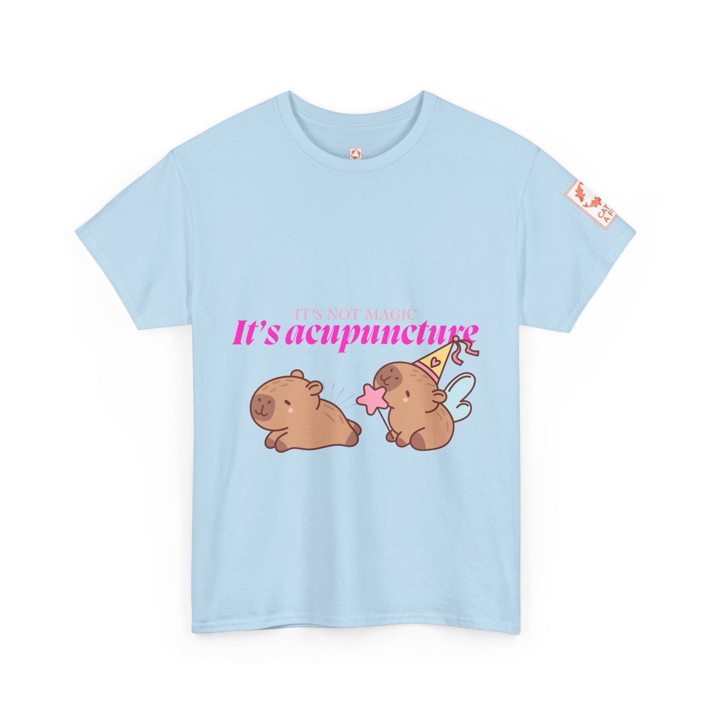 Light blue t-shirt with capybaras and text: It's Not Magic, It's Acupuncture
