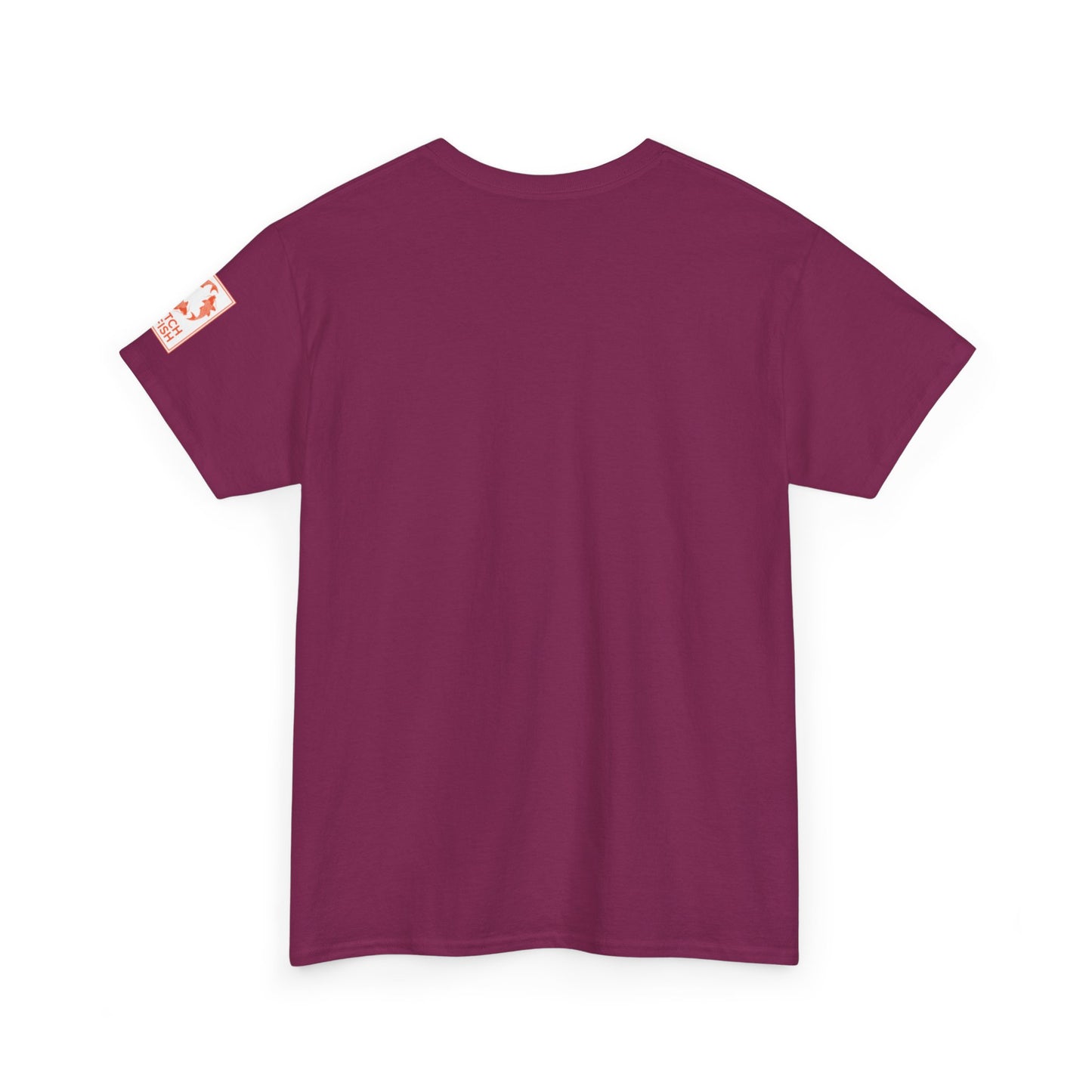 Back view of maroon t-shirt with Catch a Fish Logo on the left sleeve.