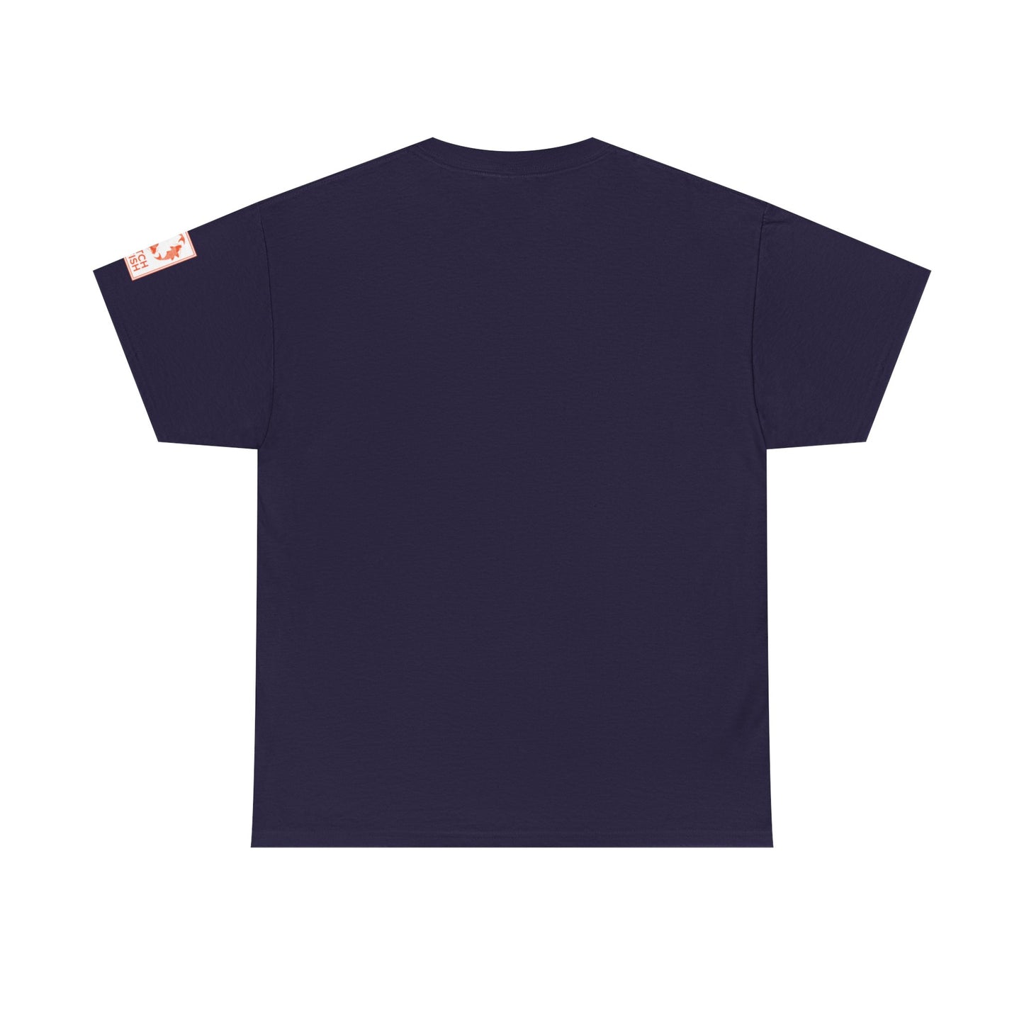 Back view of dark purple t-shirt with Catch a Fish Logo on the left sleeve.