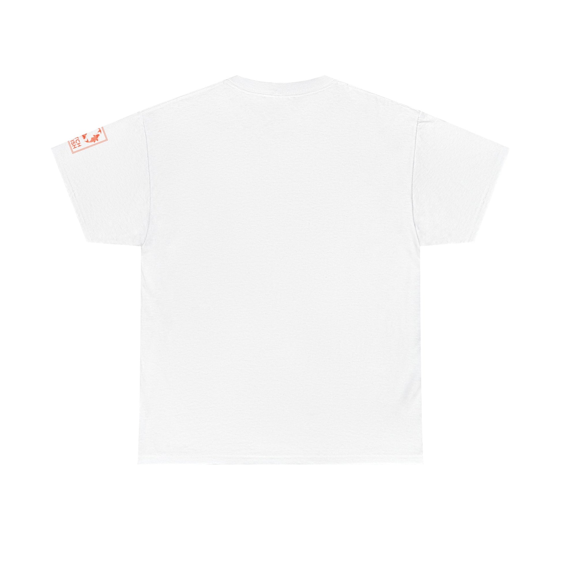 Back view of heather white t-shirt with Catch a Fish Logo on the left sleeve.