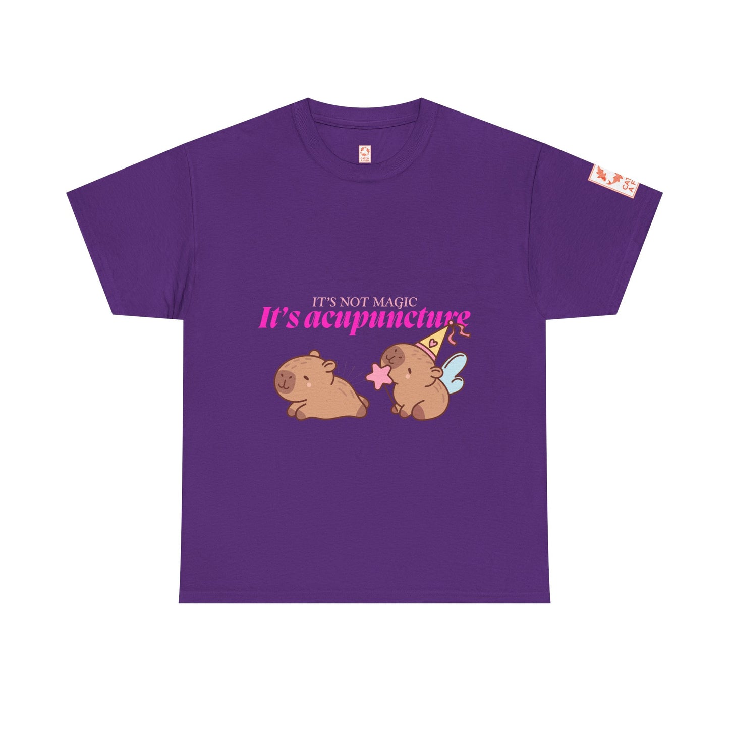 Purple t-shirt with capybaras and text: It's Not Magic, It's Acupuncture