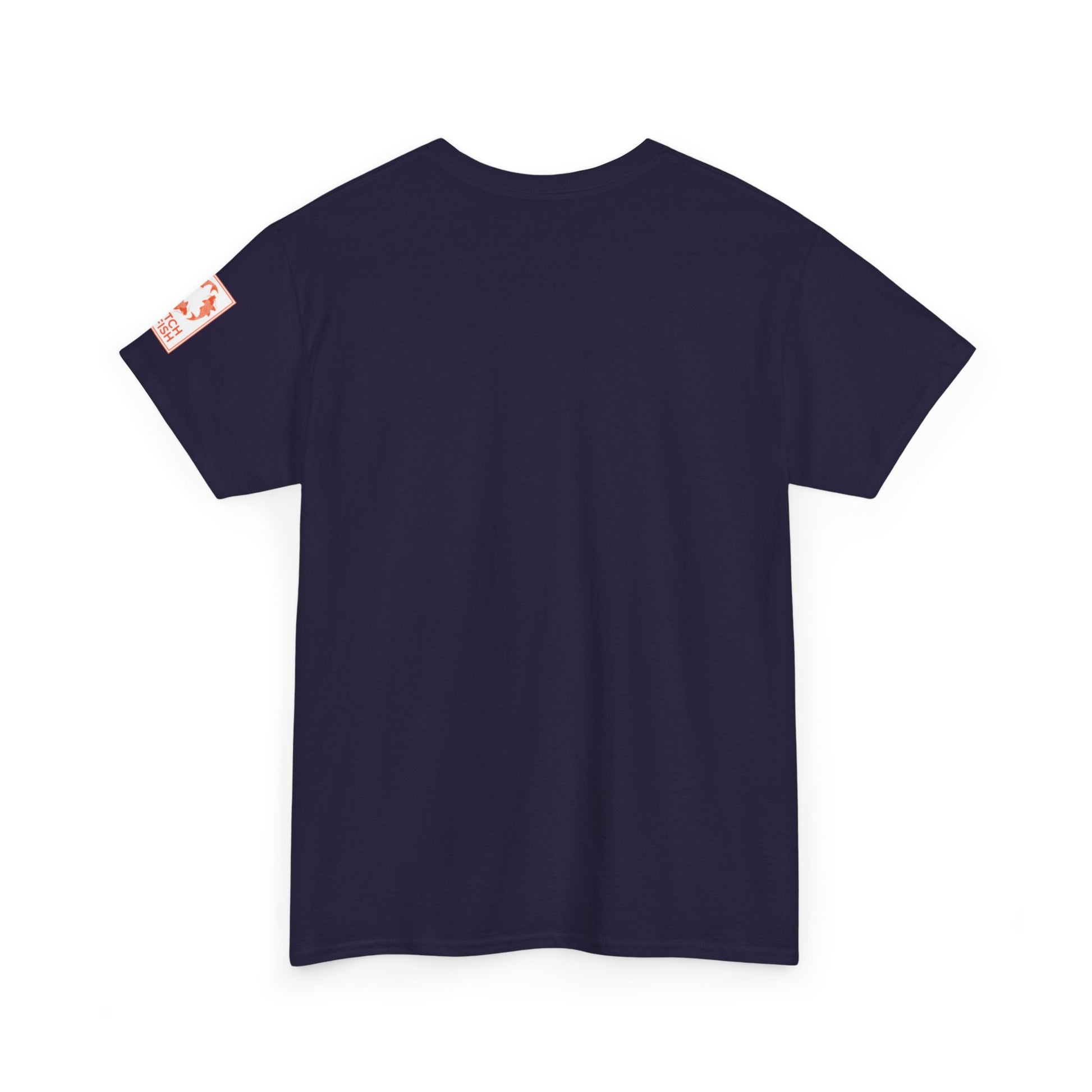 Back view of dark purple t-shirt with Catch a Fish Logo on the left sleeve.