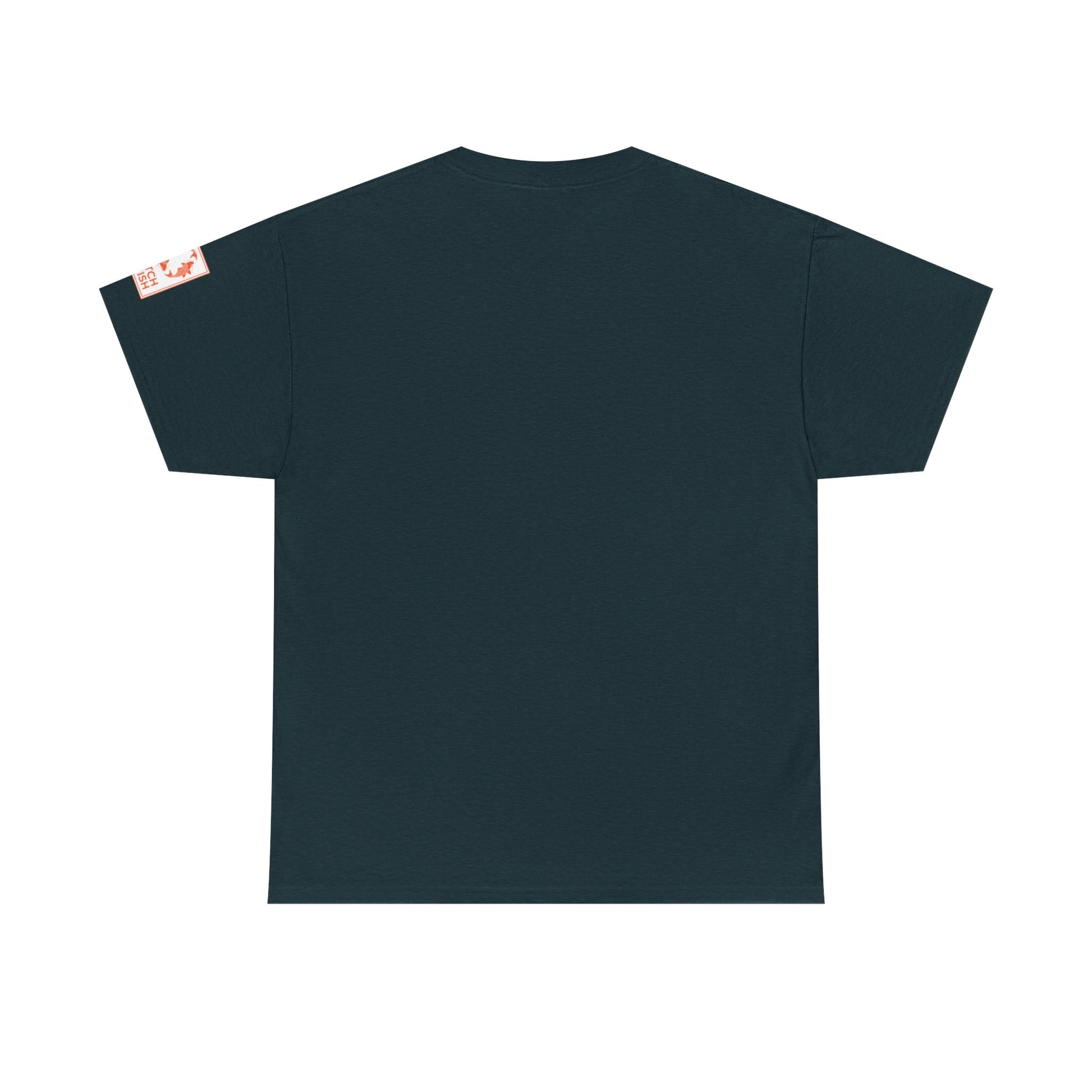 Back view of midnight blue t-shirt with Catch a Fish Logo on the left sleeve.