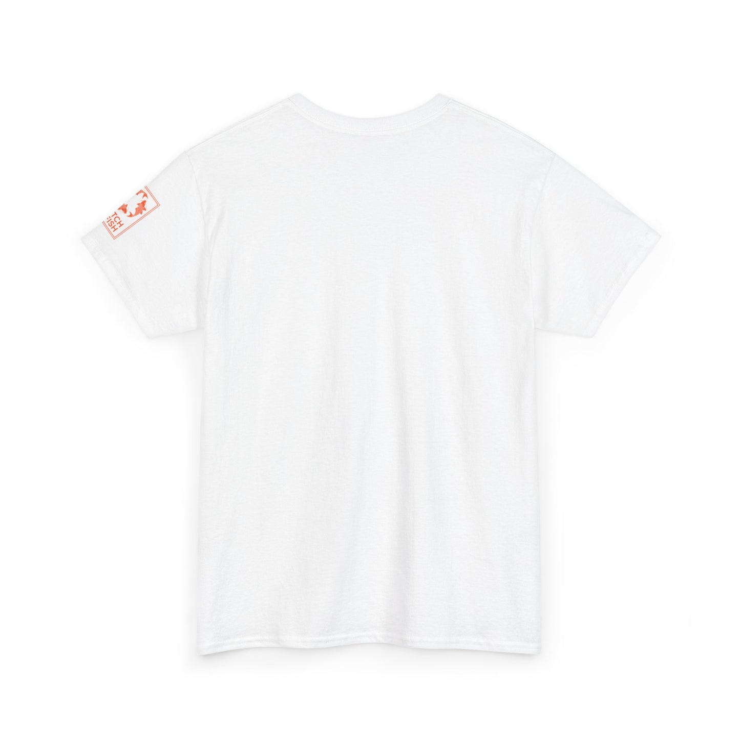 Back view of white t-shirt with Catch a Fish Logo on the left sleeve.