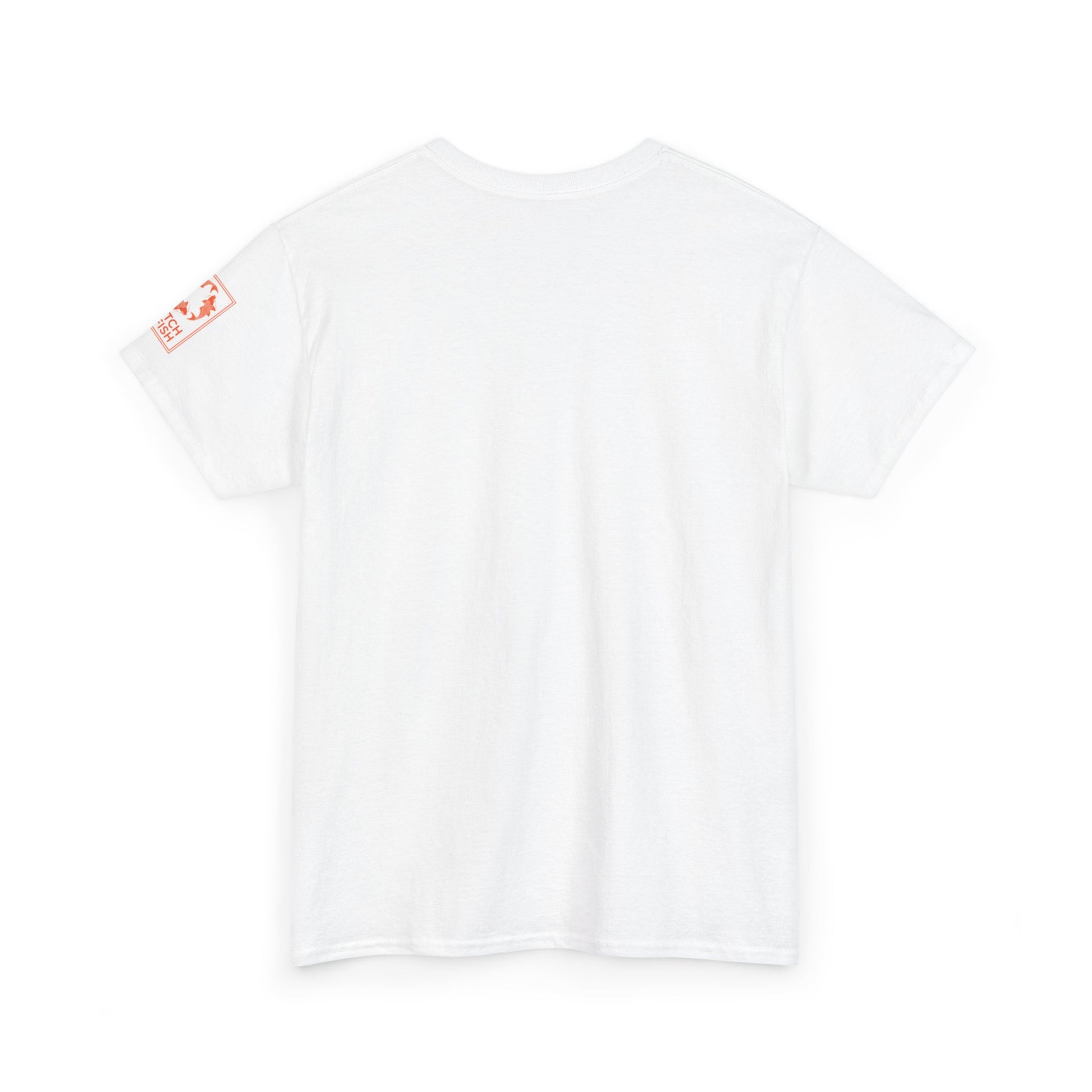 Back view of white t-shirt with Catch a Fish Logo on the left sleeve.