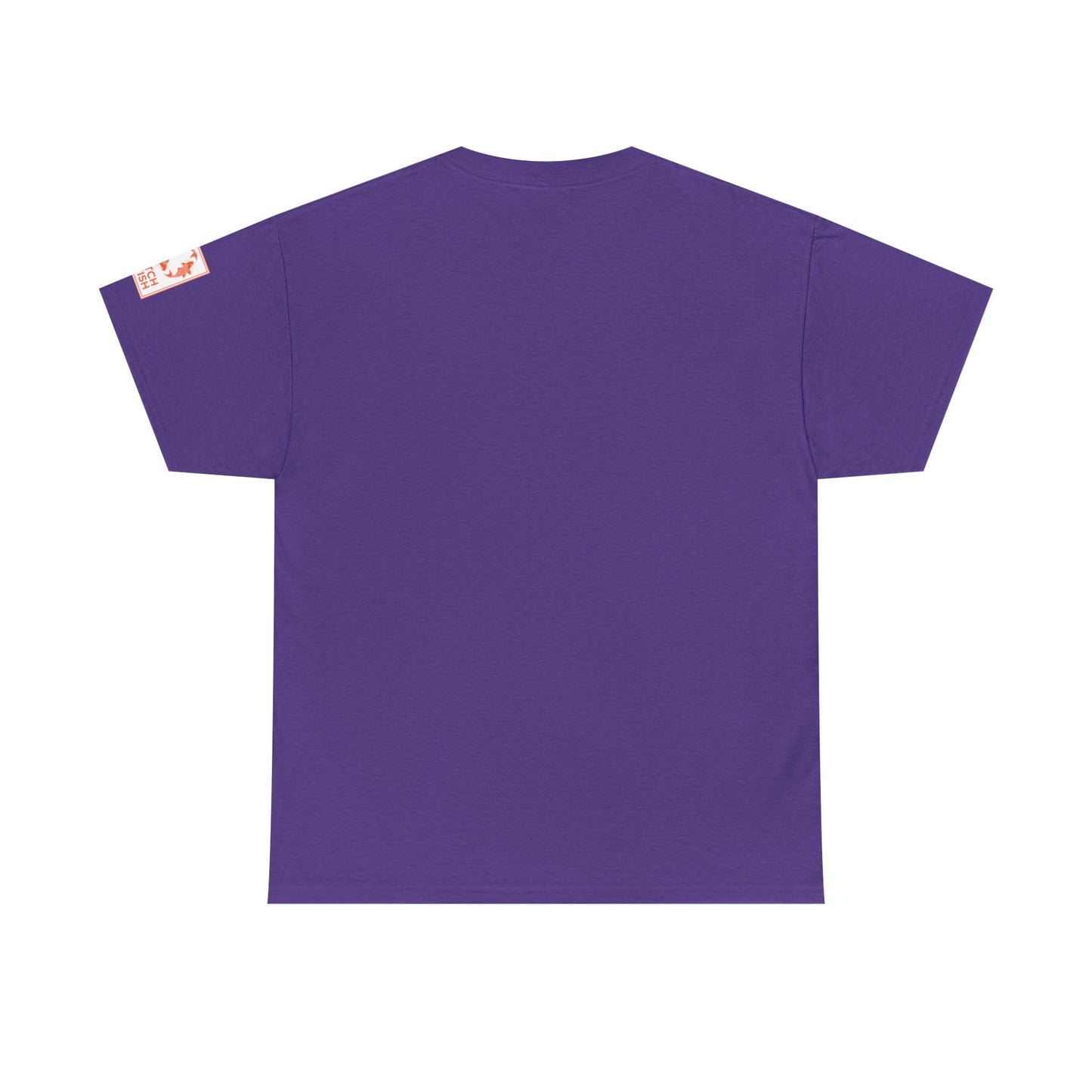 Back view of purple t-shirt with Catch a Fish Logo on the left sleeve.