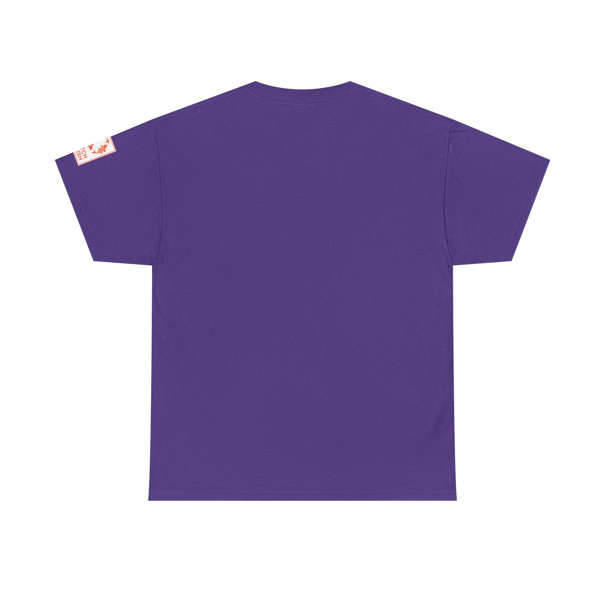 Back view of purple t-shirt with Catch a Fish Logo on the left sleeve.