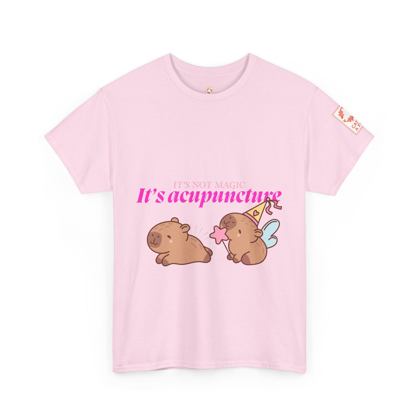 Light pink t-shirt with capybaras and text: It's Not Magic, It's Acupuncture