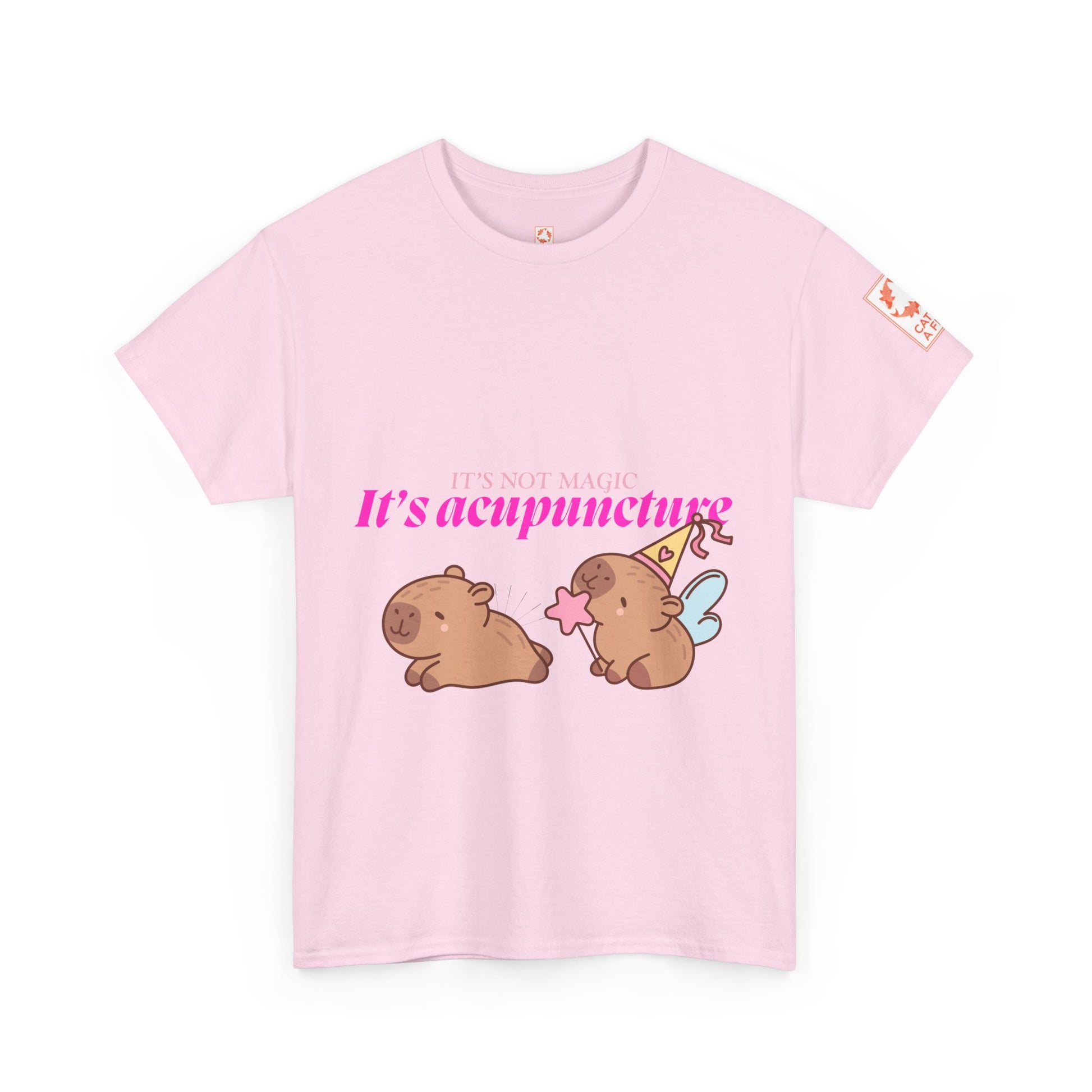 Light pink t-shirt with capybaras and text: It's Not Magic, It's Acupuncture