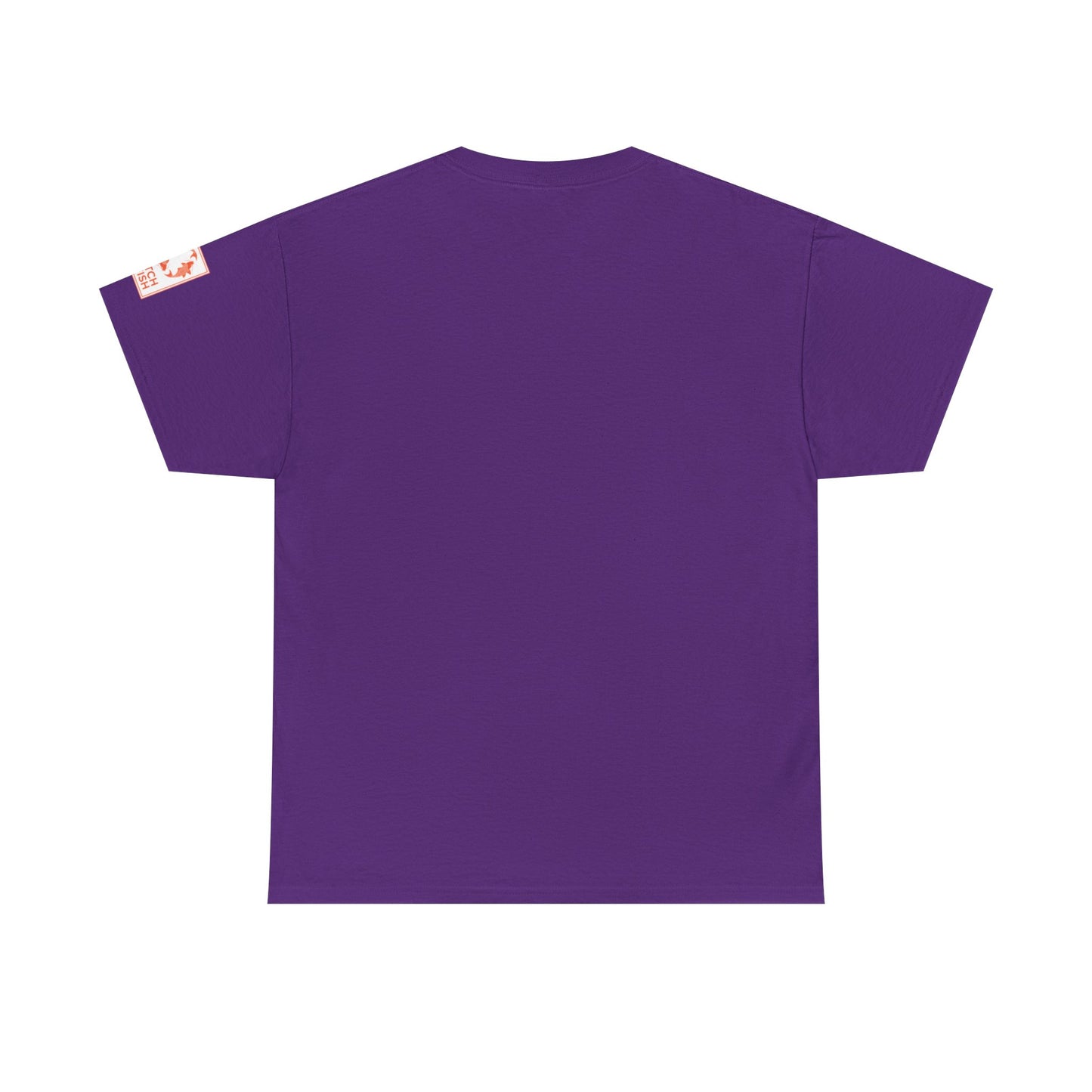 Back view of bright purple t-shirt with Catch a Fish Logo on the left sleeve.