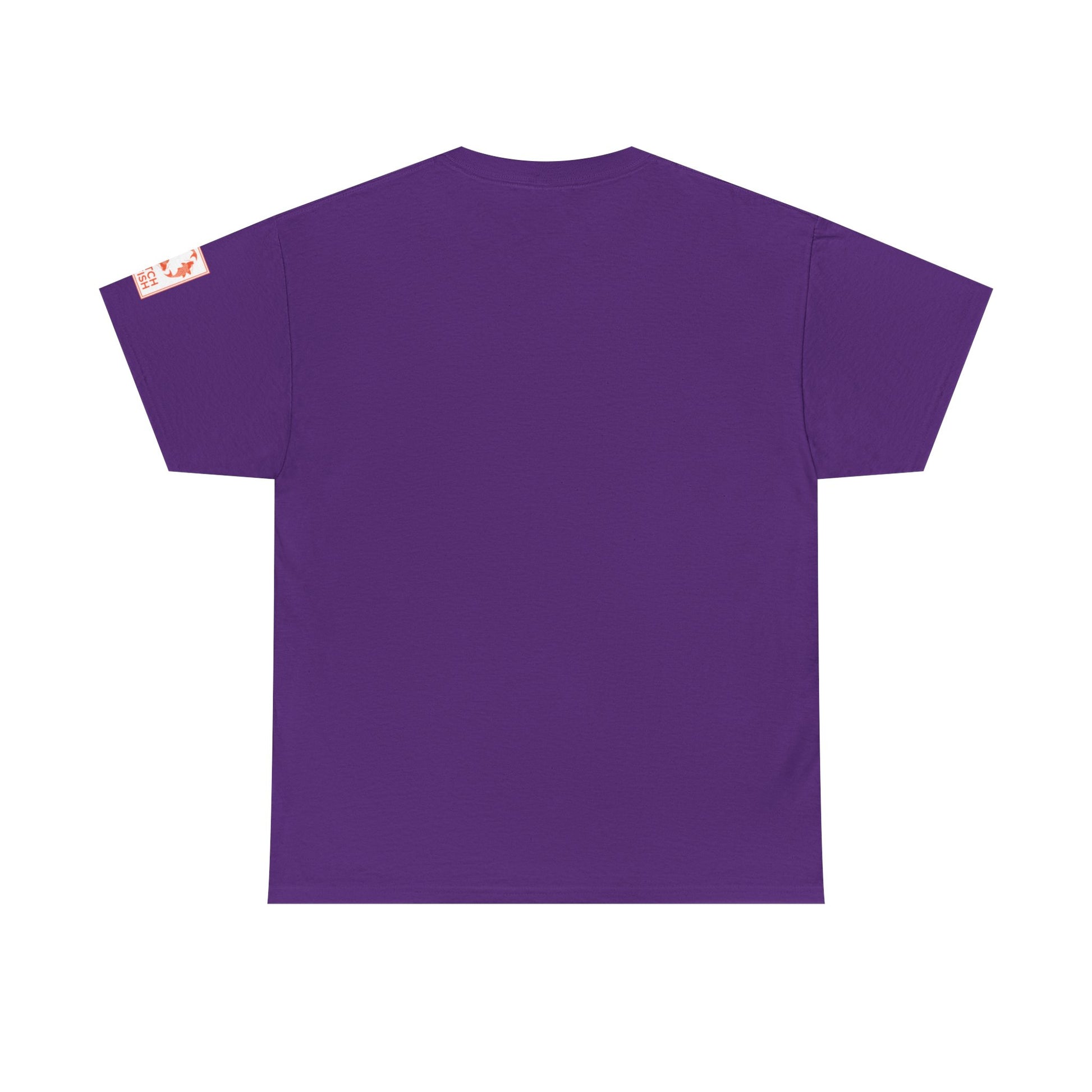 Back view of bright purple t-shirt with Catch a Fish Logo on the left sleeve.