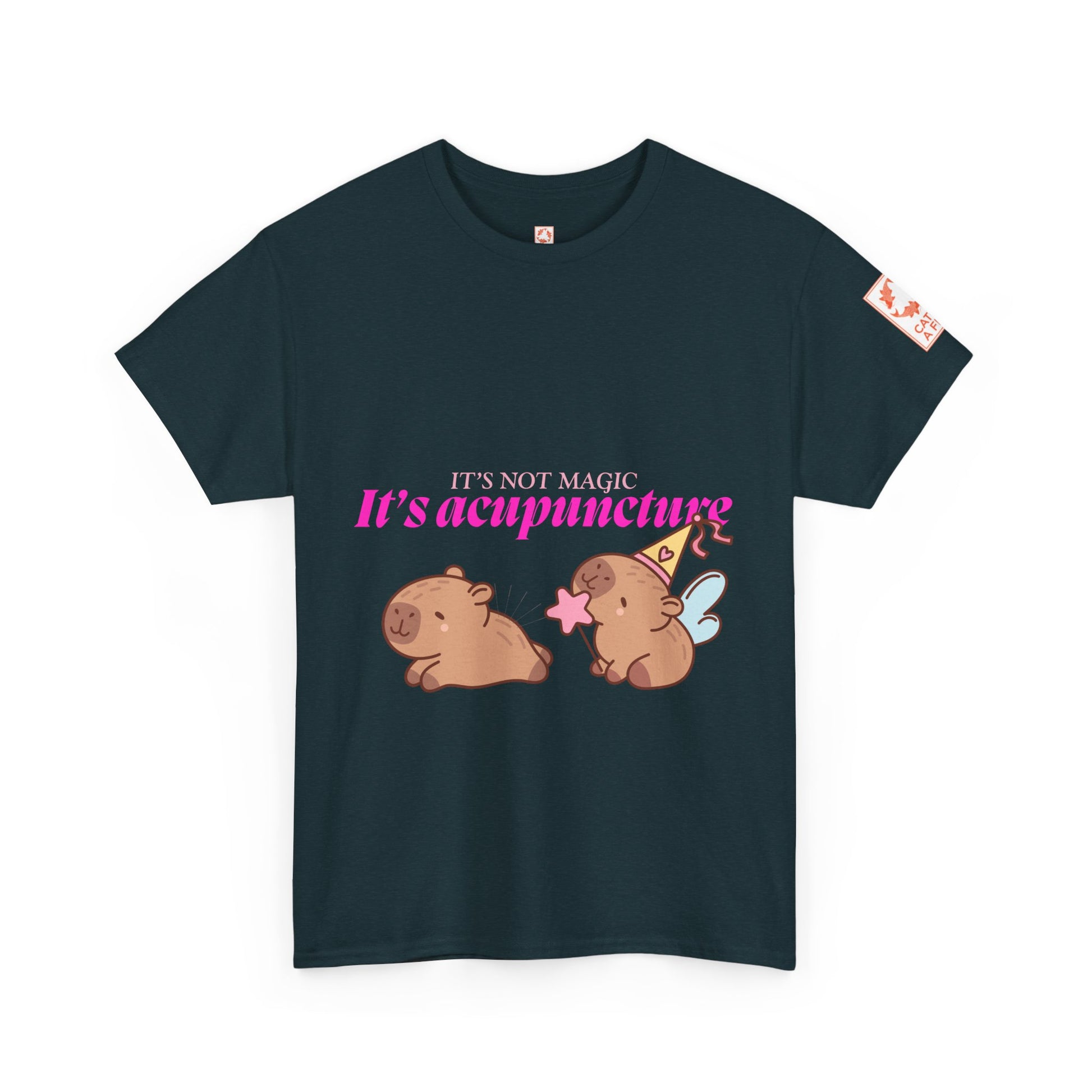 Midnight blue t-shirt with capybaras and text: It's Not Magic, It's Acupuncture