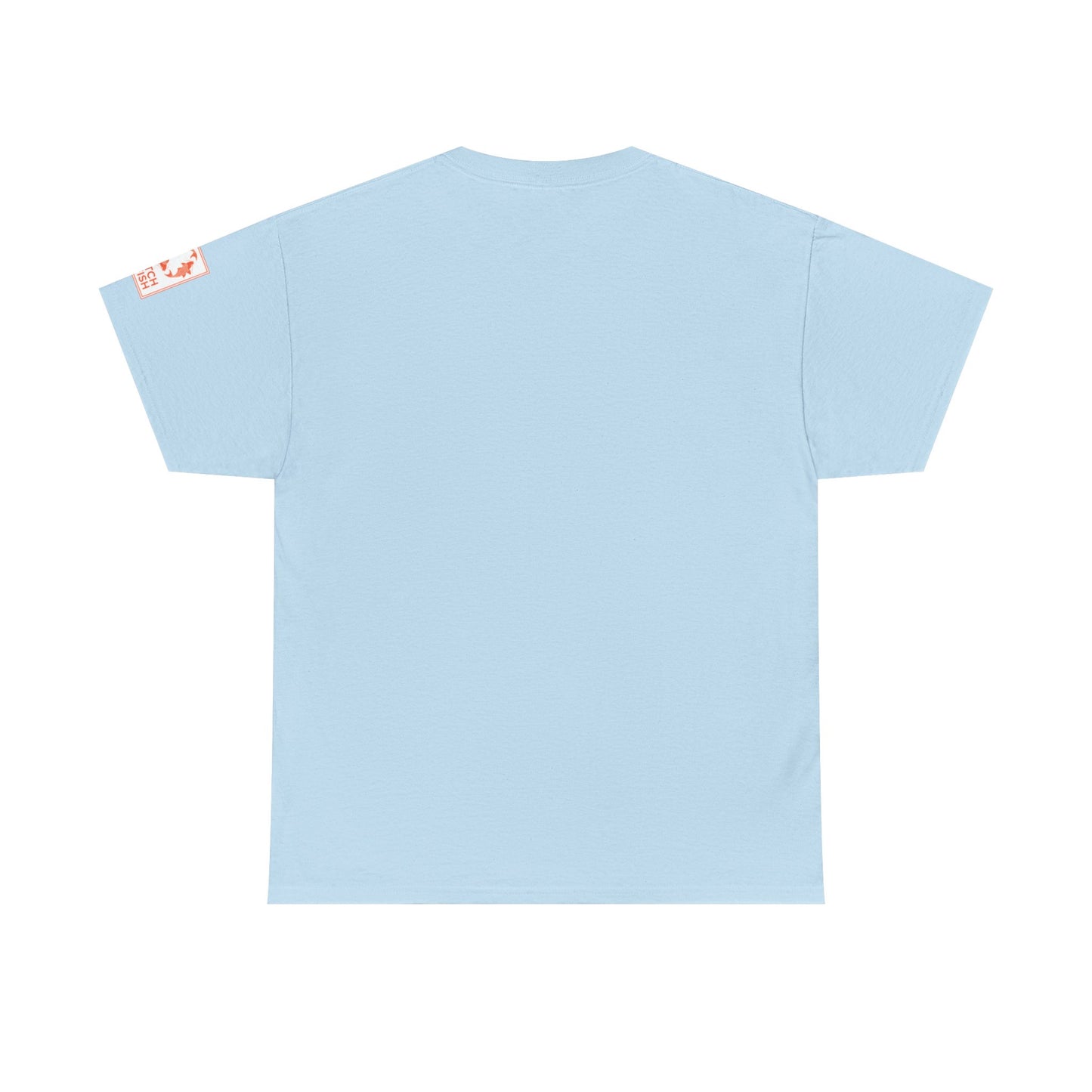 Back view of light blue t-shirt with Catch a Fish Logo on the left sleeve.