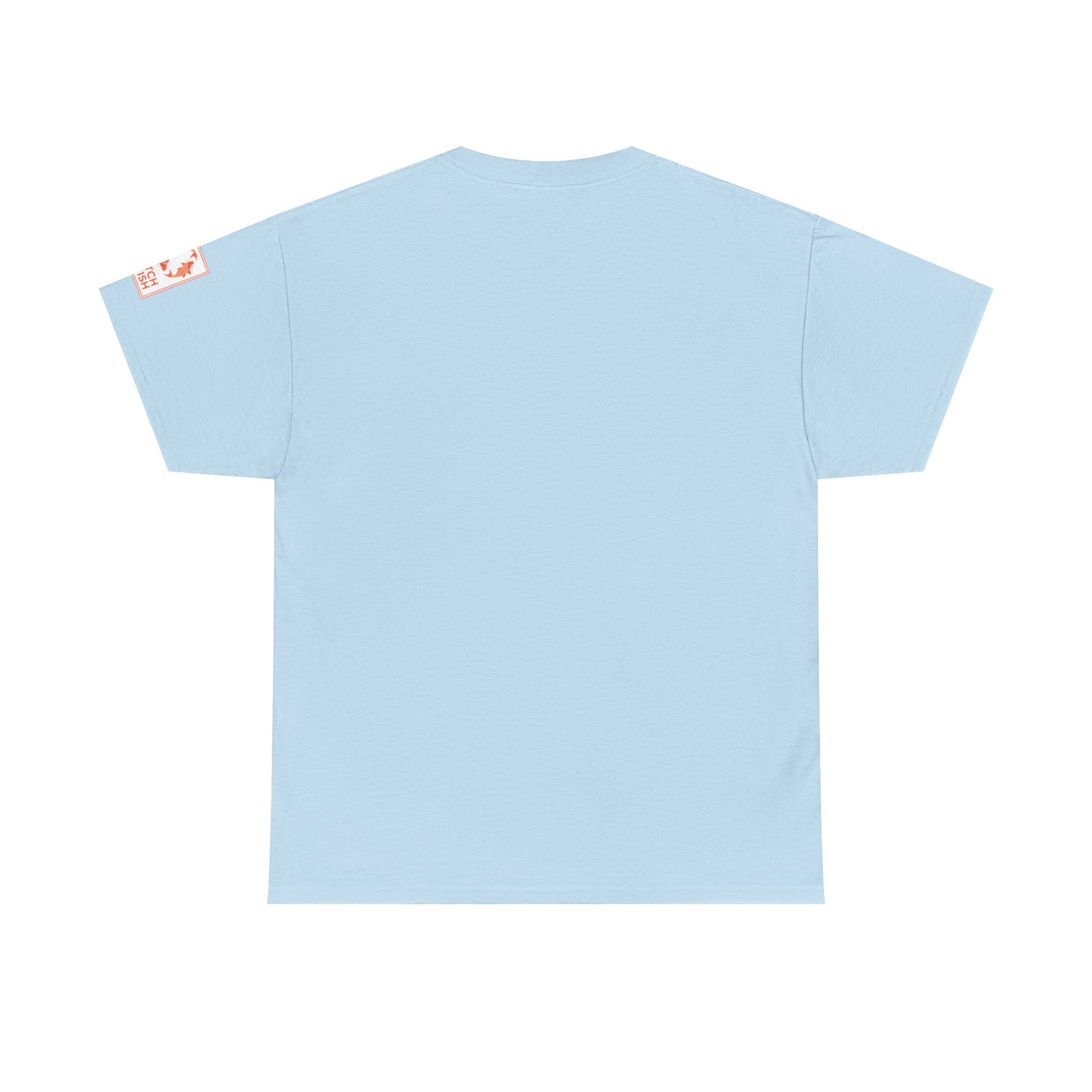 Back view of light blue t-shirt with Catch a Fish Logo on the left sleeve.
