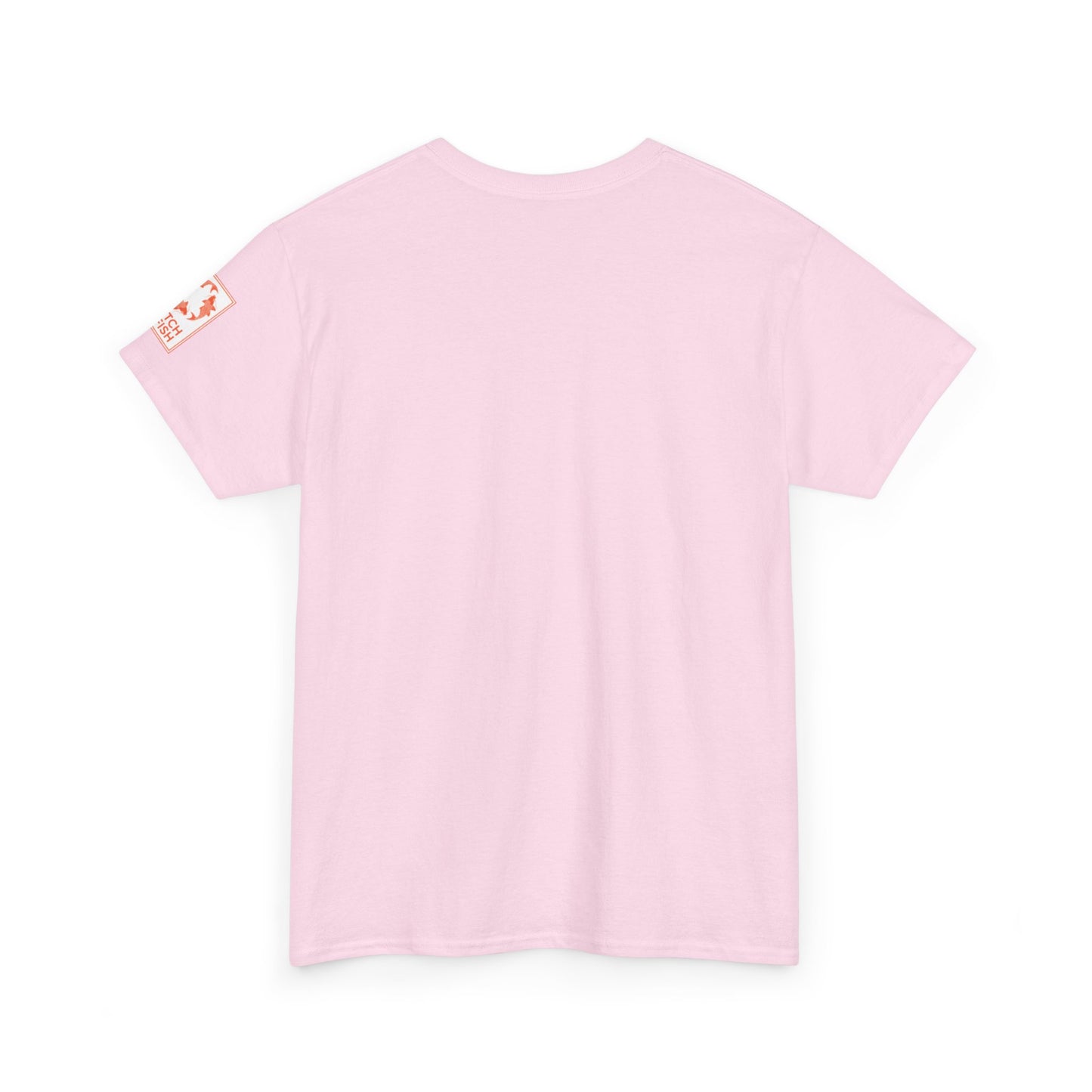 Back view of light pink t-shirt with Catch a Fish Logo on the left sleeve.