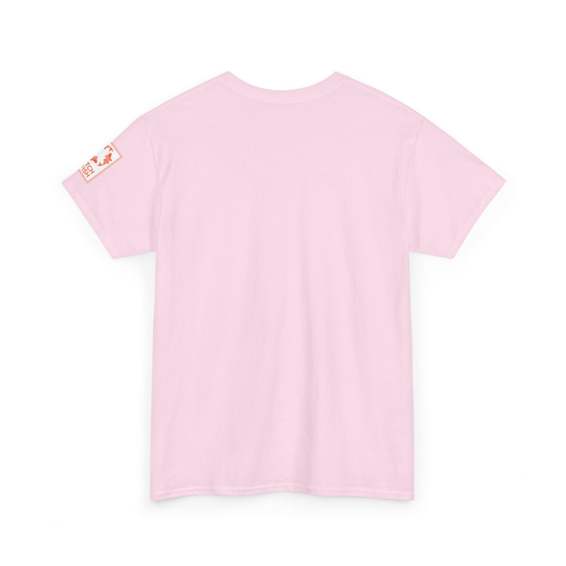 Back view of light pink t-shirt with Catch a Fish Logo on the left sleeve.