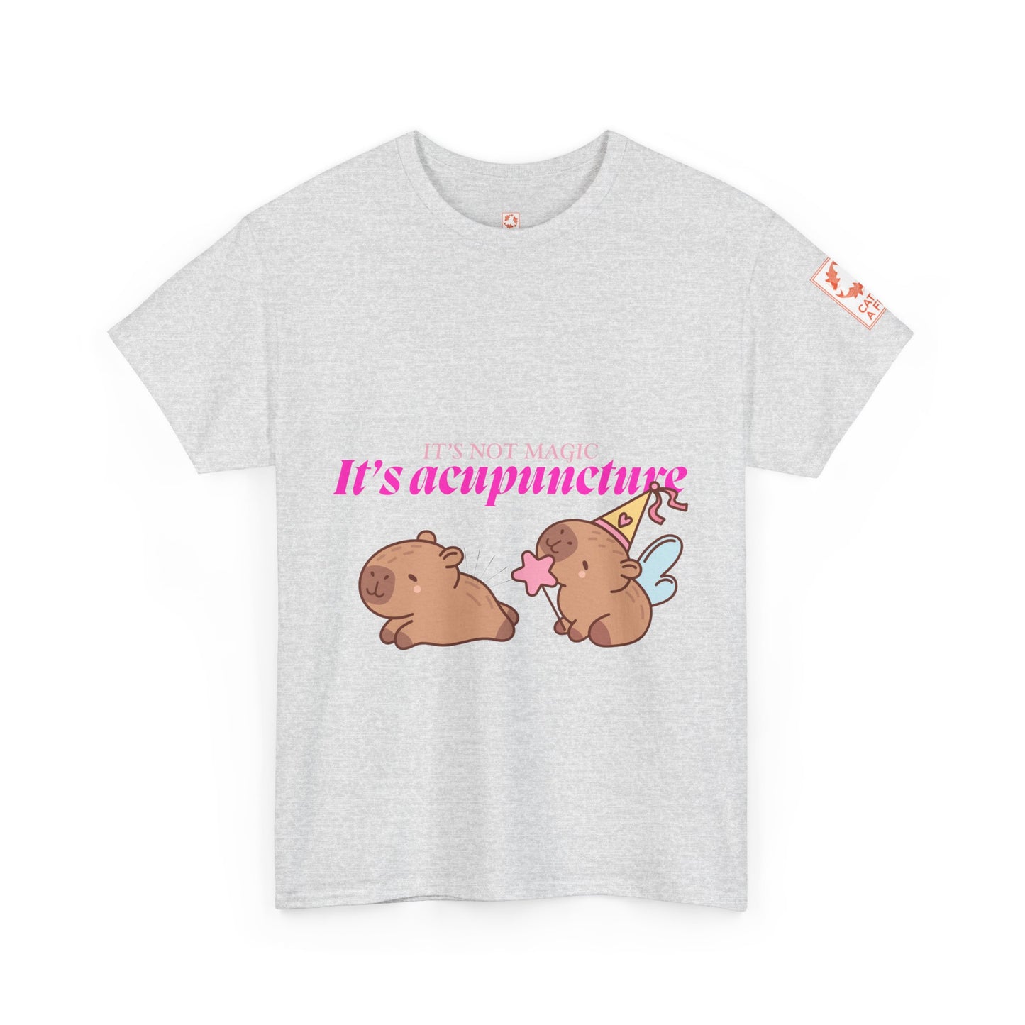 Heather gray t-shirt with capybaras and text: It's Not Magic, It's Acupuncture