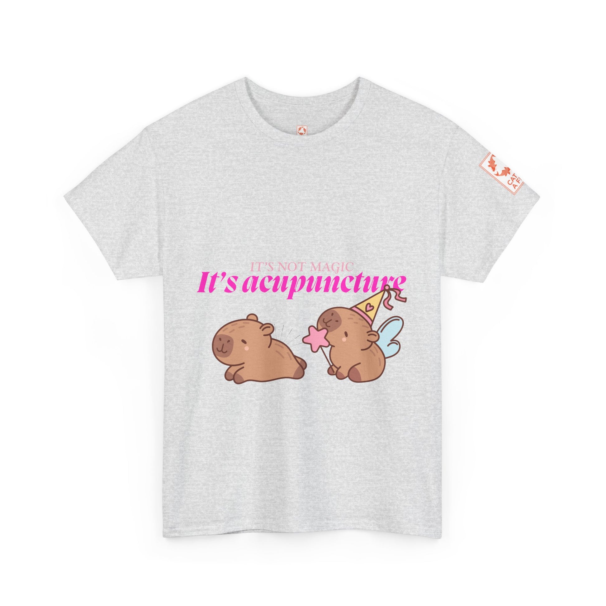 Heather gray t-shirt with capybaras and text: It's Not Magic, It's Acupuncture
