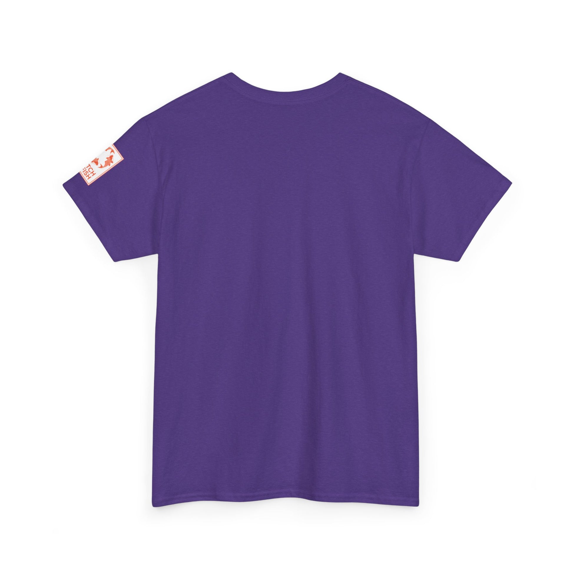 Back view of purple t-shirt with Catch a Fish Logo on the left sleeve.