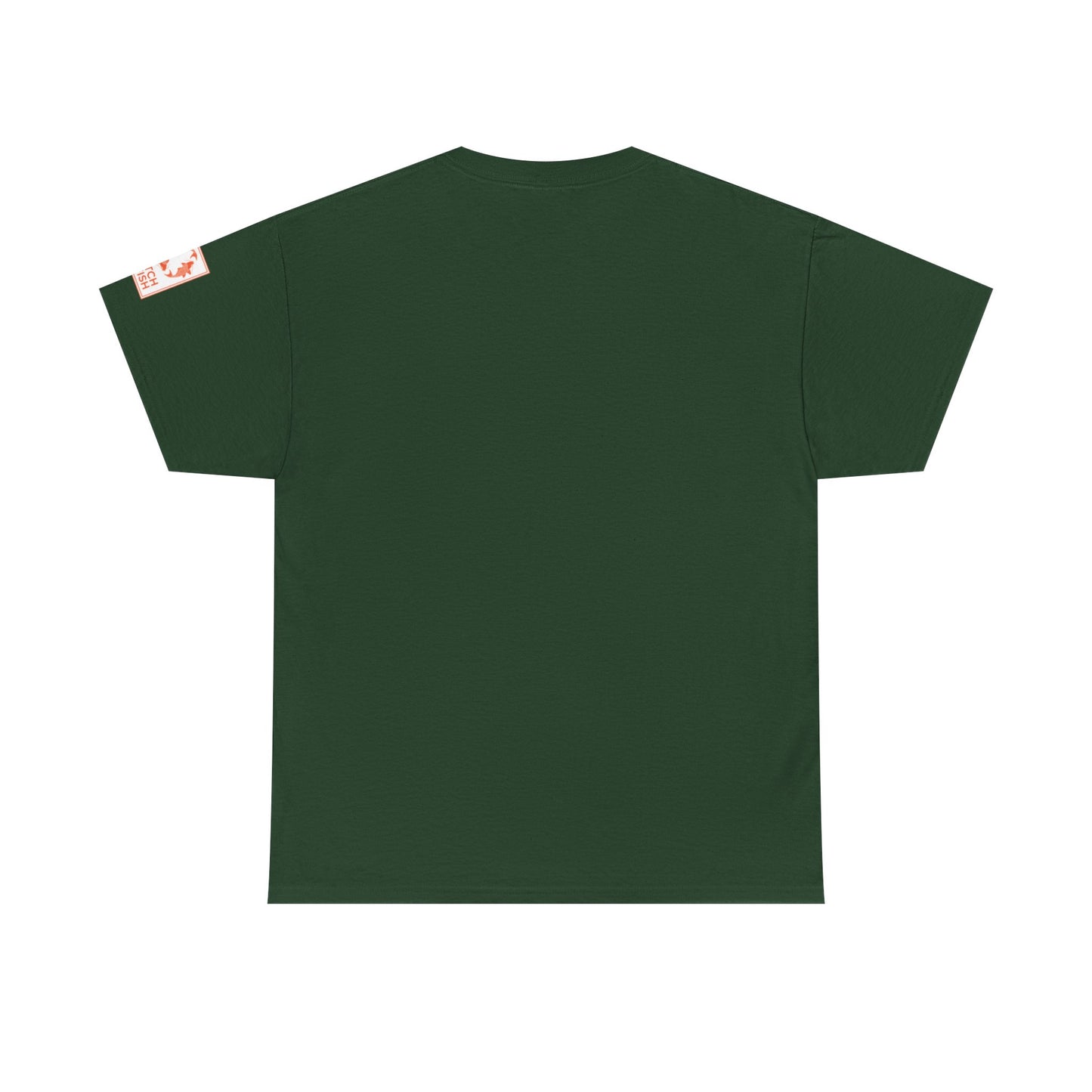 Back view of green t-shirt with Catch a Fish Logo on the left sleeve.