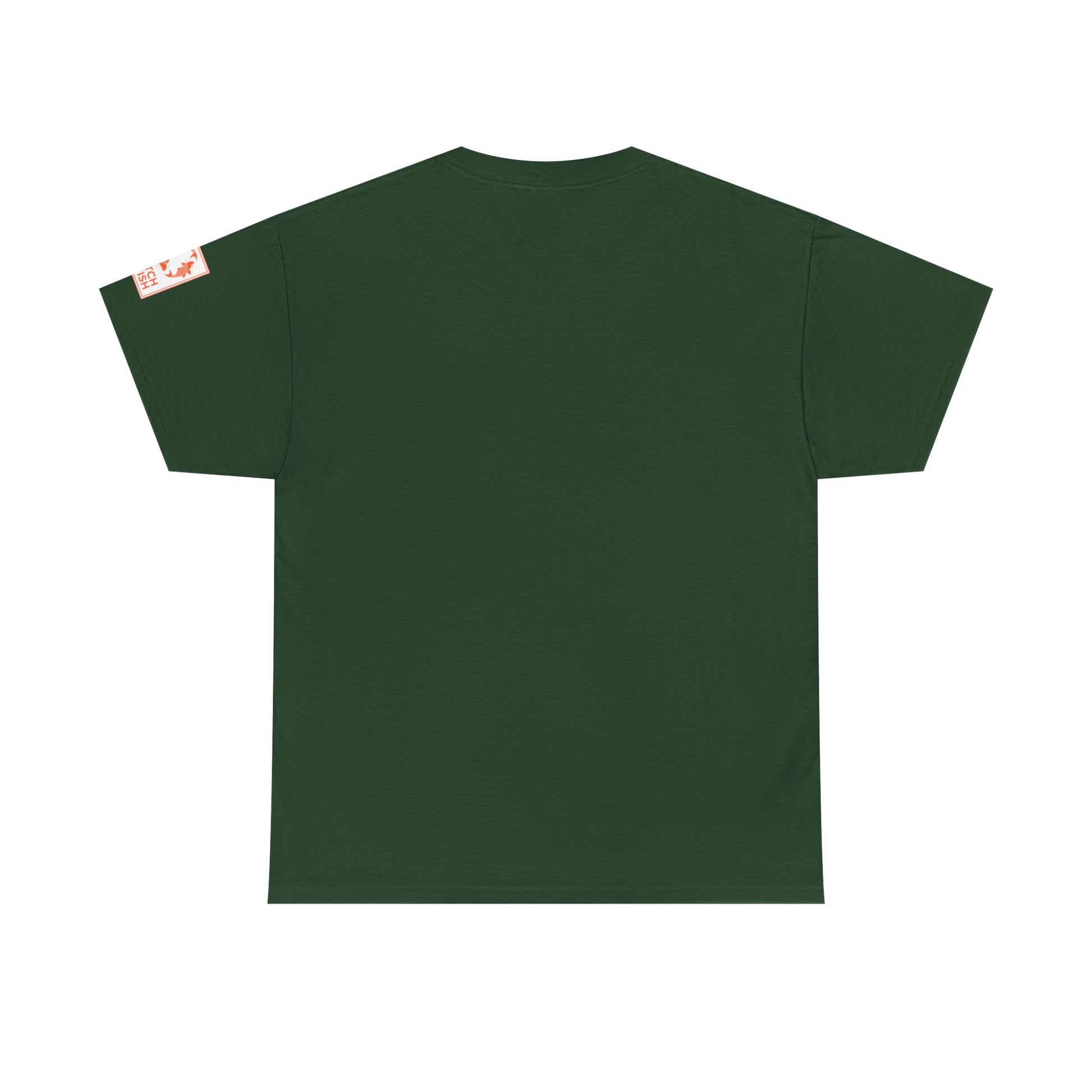 Back view of green t-shirt with Catch a Fish Logo on the left sleeve.