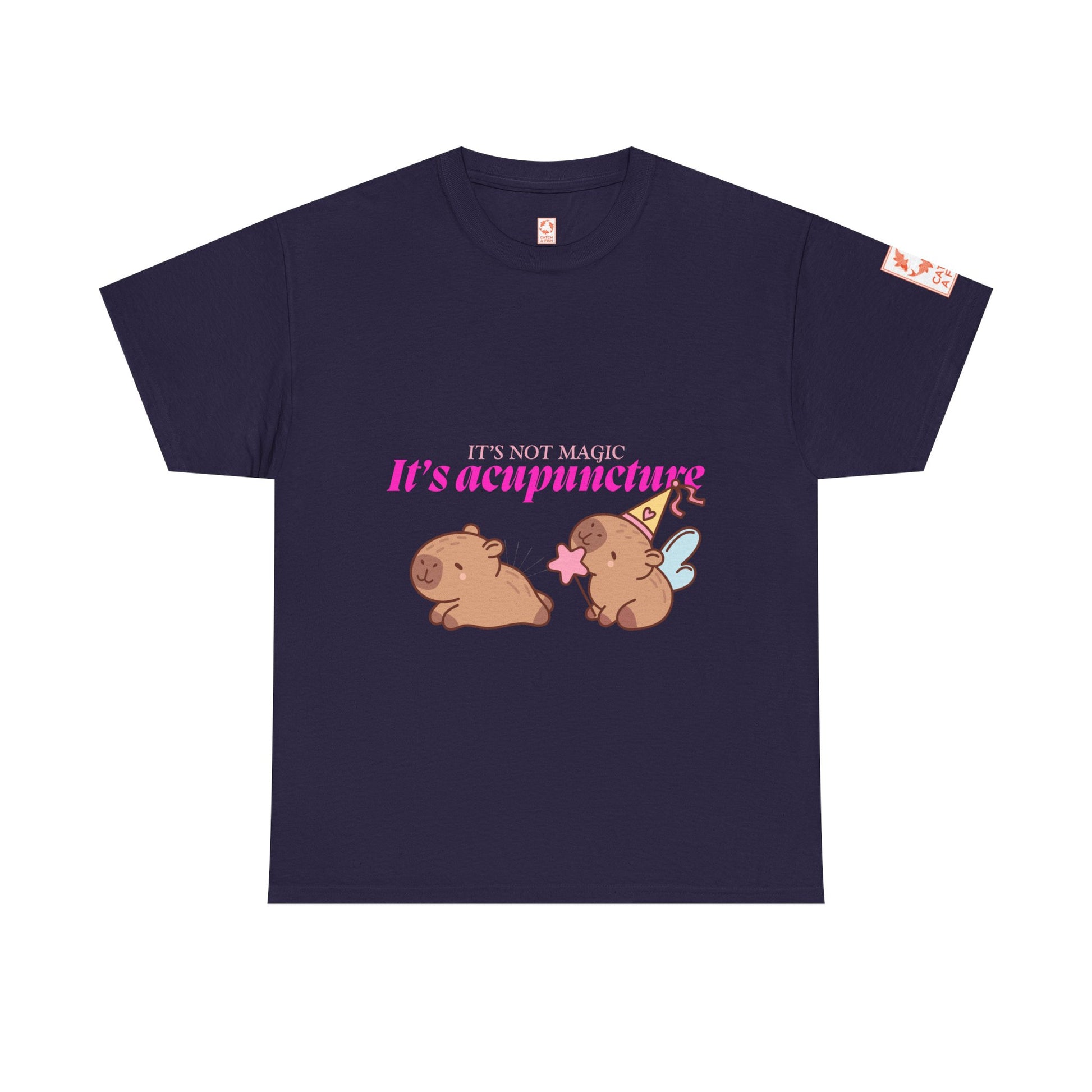 Dark purple t-shirt with capybaras and text: It's Not Magic, It's Acupuncture